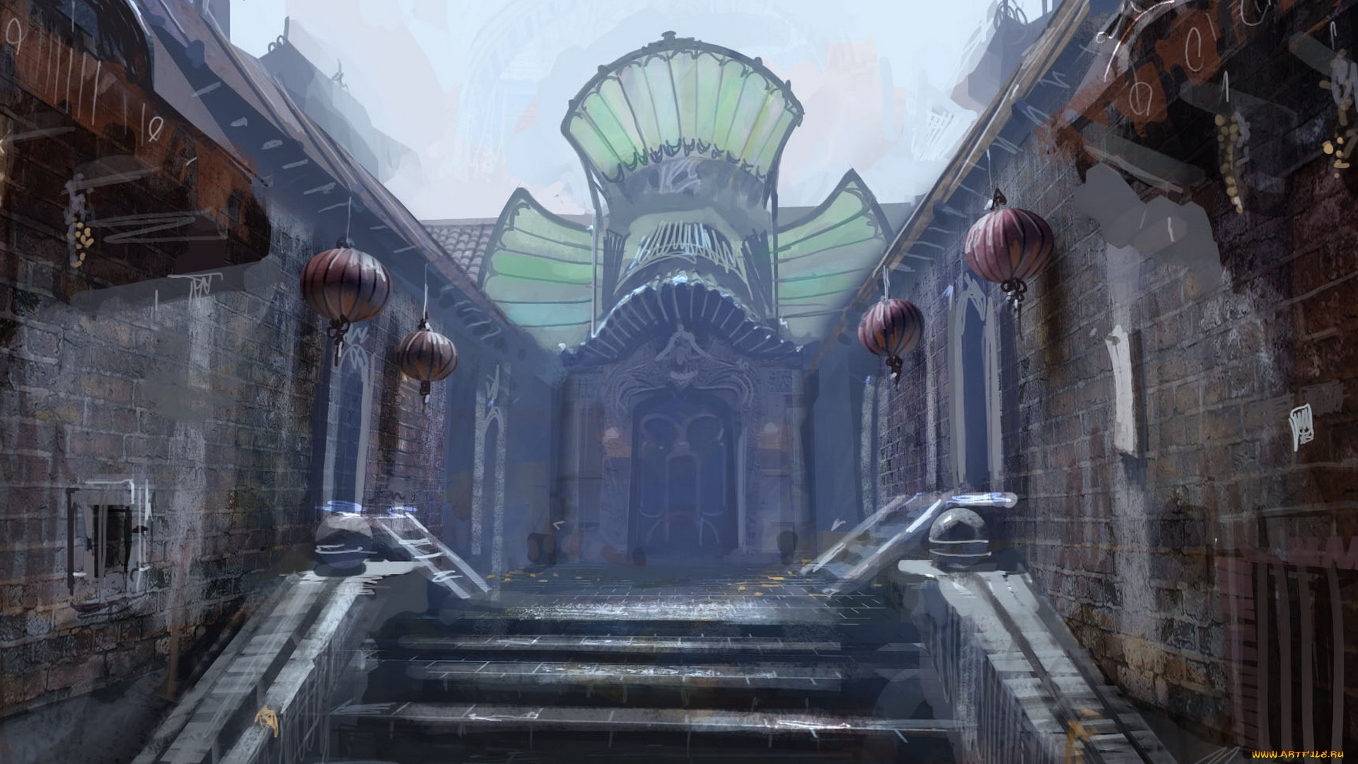 фэнтези, иные, миры, , иные, времена, ступени, дверь, фонари, здания, дома, улица