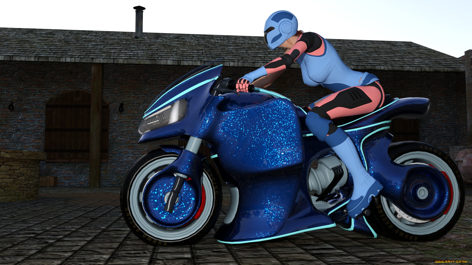 мотоциклы, 3d, мотоцикл, фон, взгляд, девушка