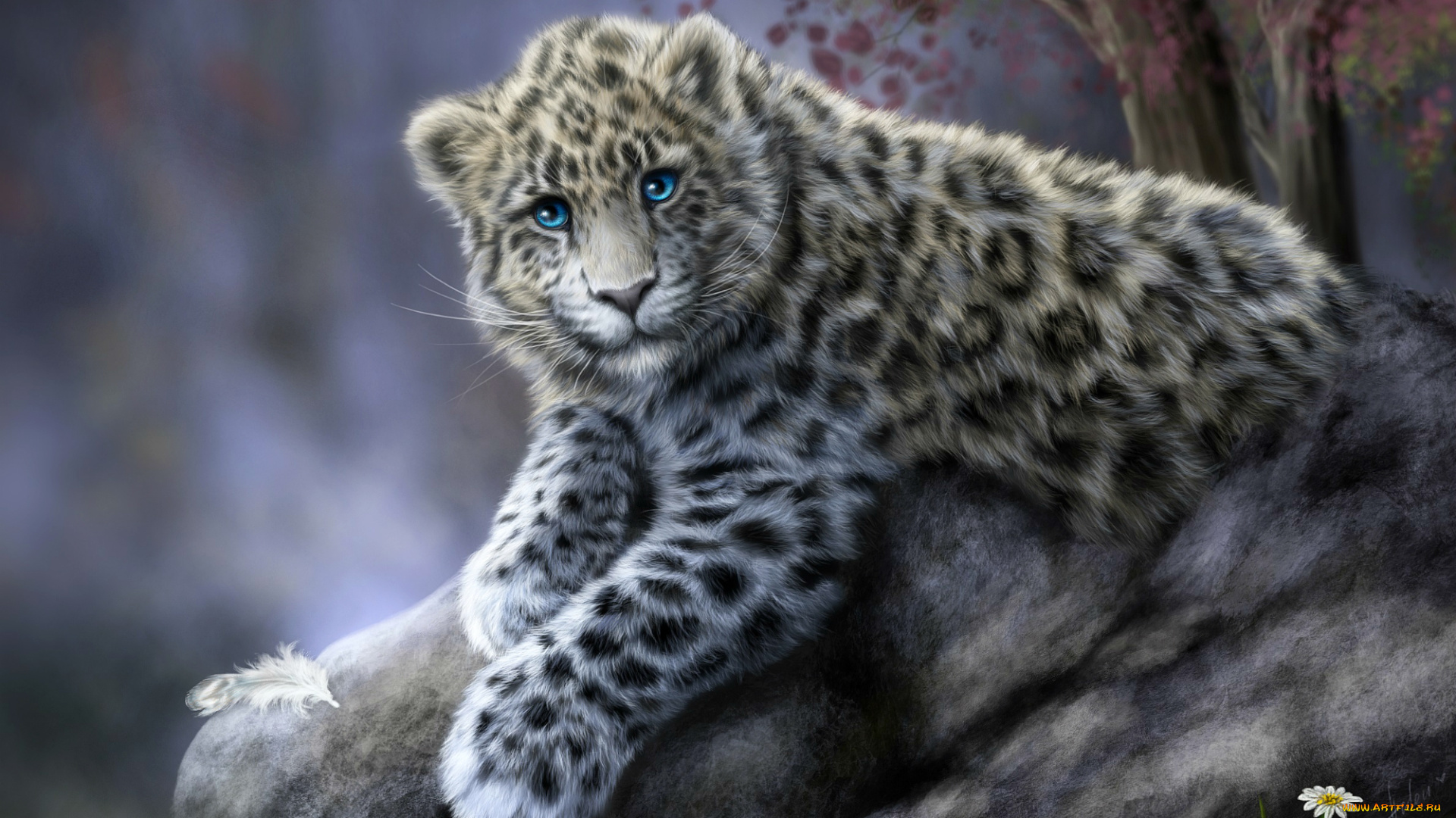рисованное, животные, ирбис, камень, перышко, ромашки, снежный, барс, кошка, леопард, животное