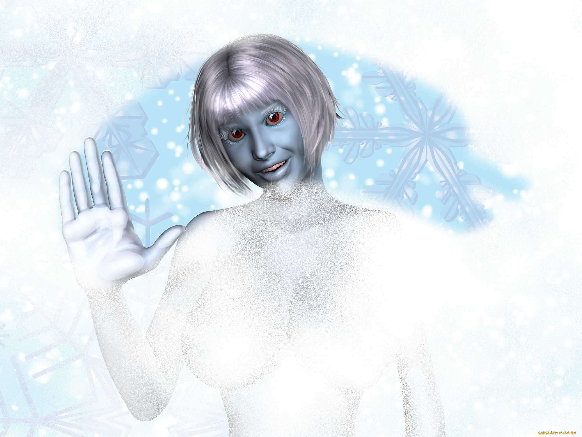 3д, графика, фантазия, , fantasy, девушка, взгляд, фон, снежинки