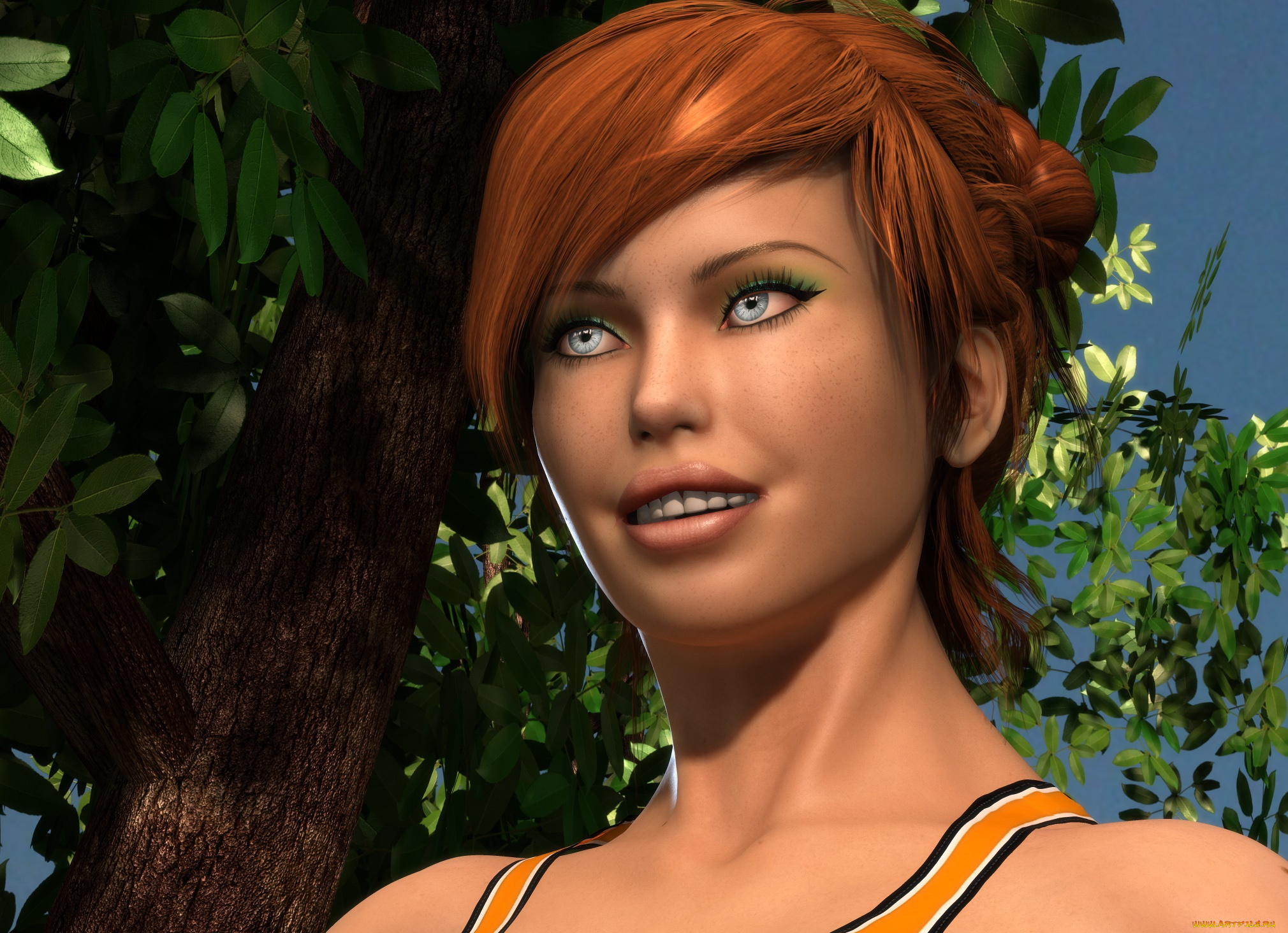 3д, графика, портрет, , portraits, девушка, взгляд, фон, рыжая, улыбка