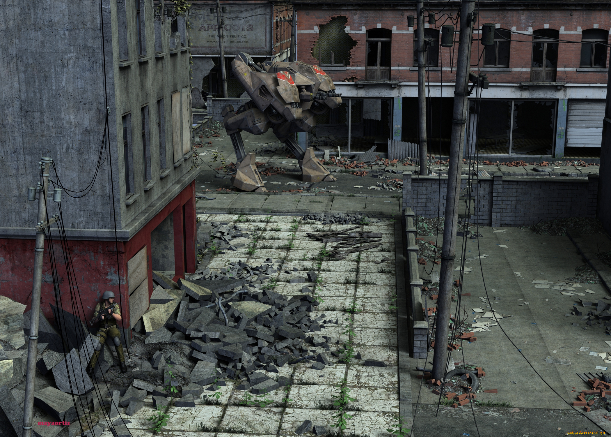 3д, графика, фантазия, , fantasy, город, робот, руины, солдат