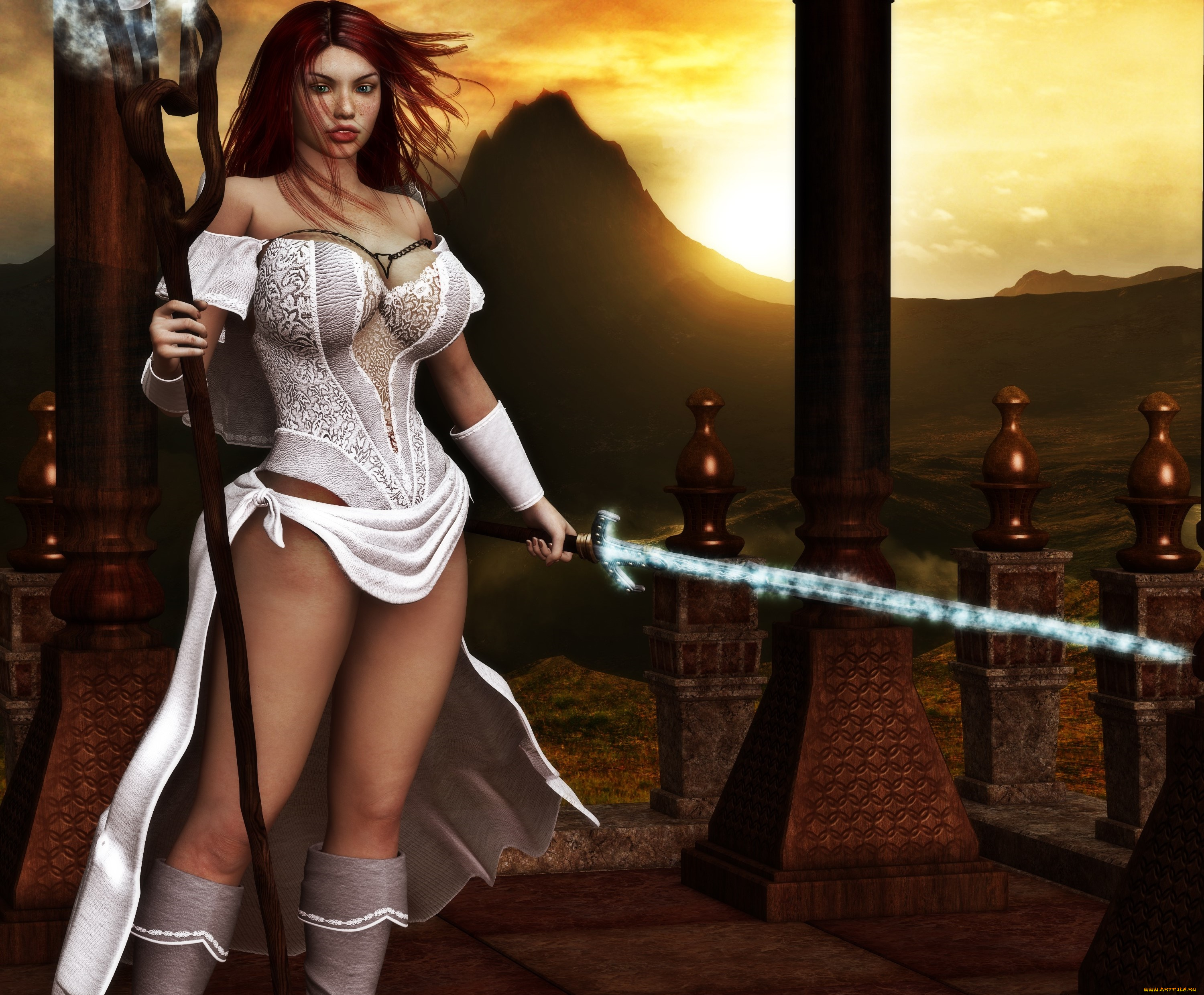 3д, графика, фантазия, , fantasy, девушка, взгляд, фон, оружие