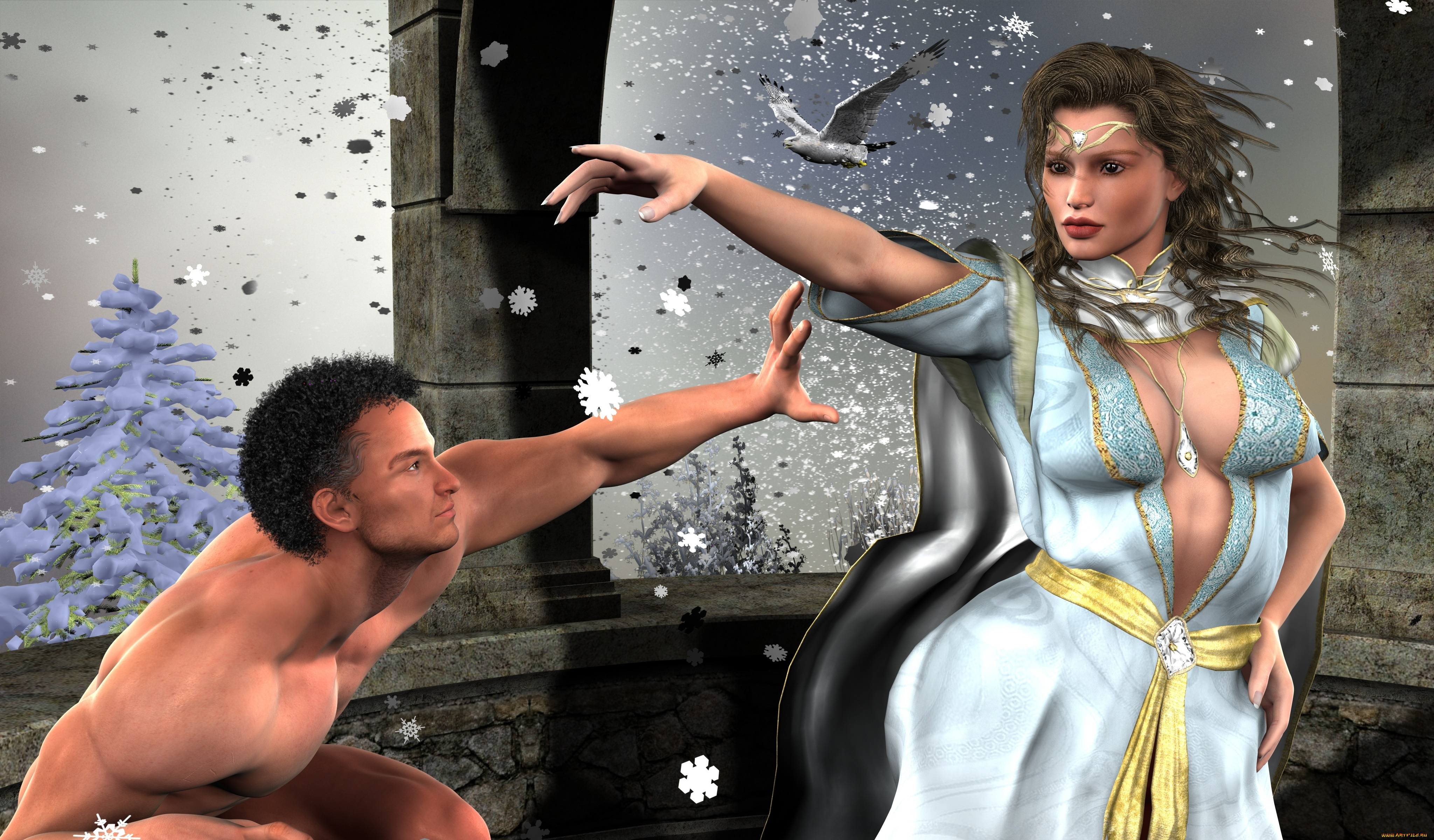 3д, графика, люди, , people, птица, мужчина, фон, взгляд, девушка, ели, снег