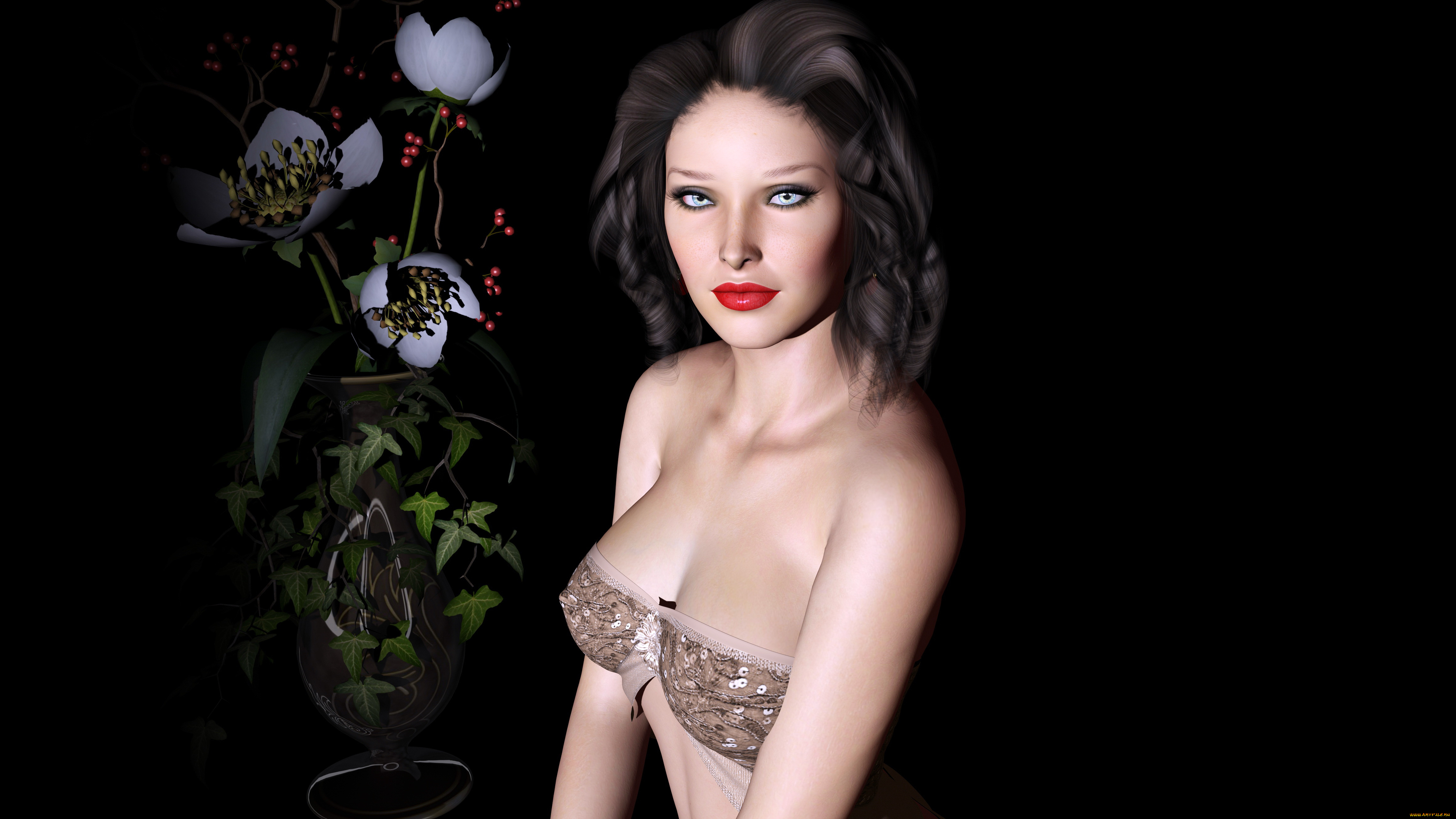 3д, графика, люди, , people, девушка, фон, цветы, взгляд