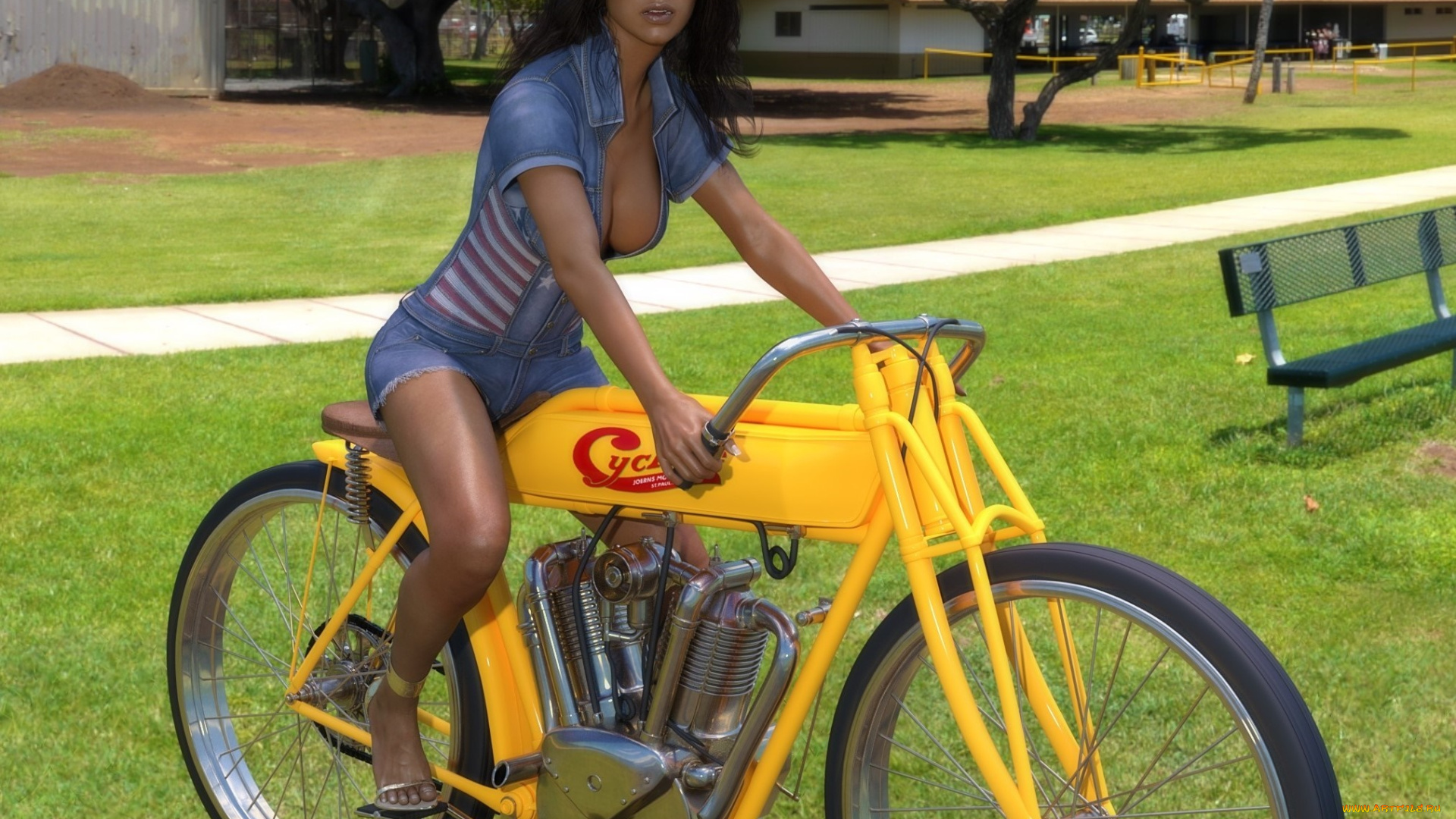 3д, графика, люди-авто, мото, , people-, car, , , moto, девушка, фон, взгляд