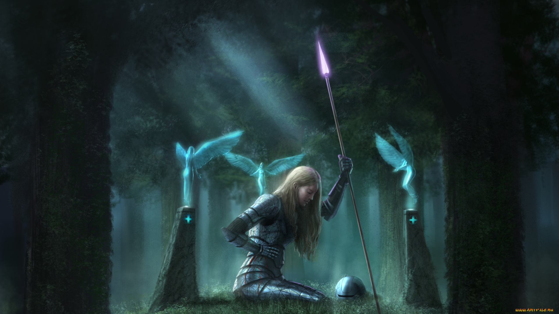 фэнтези, девушки, девушка, воин, лес, копье, доспехи, феи