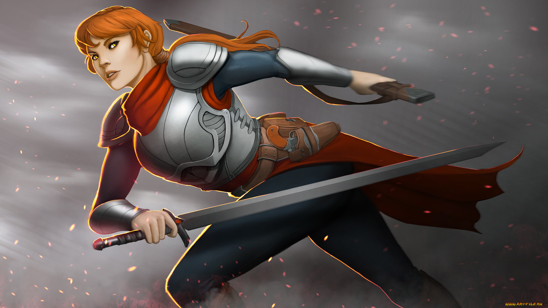 фэнтези, девушки, меч, латы, взгляд, фон, девушка