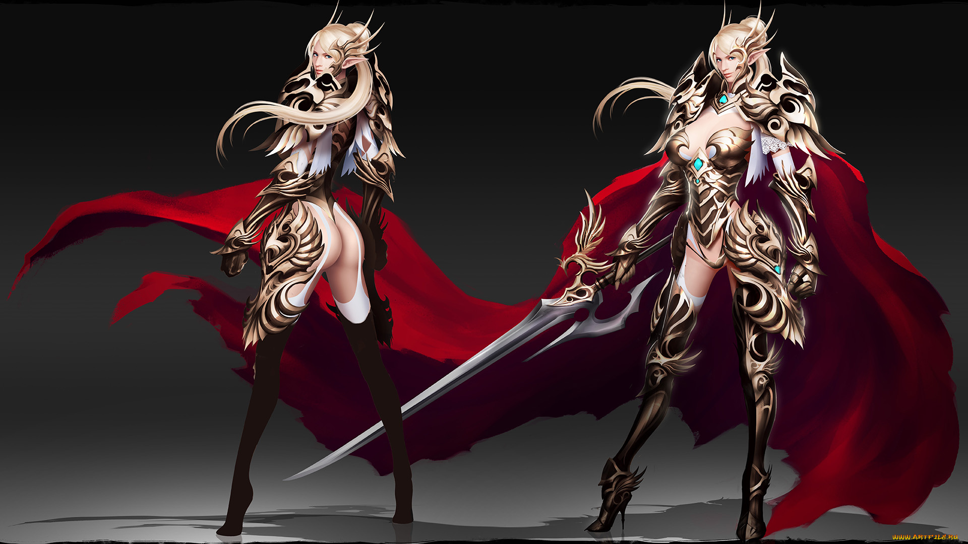 фэнтези, эльфы, фон, униформа, взгляд, меч, девушка