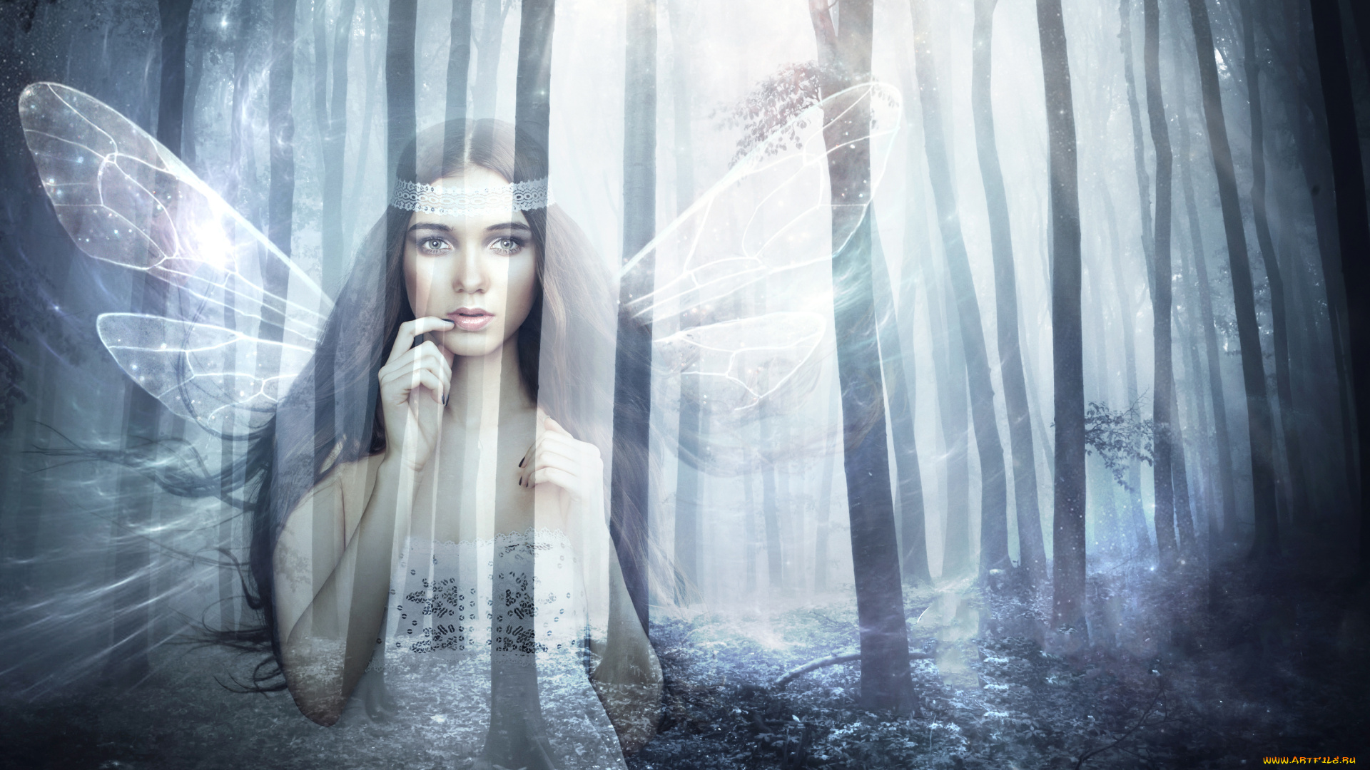 фэнтези, фотоарт, крылья, взгляд, фон, девушка, лес