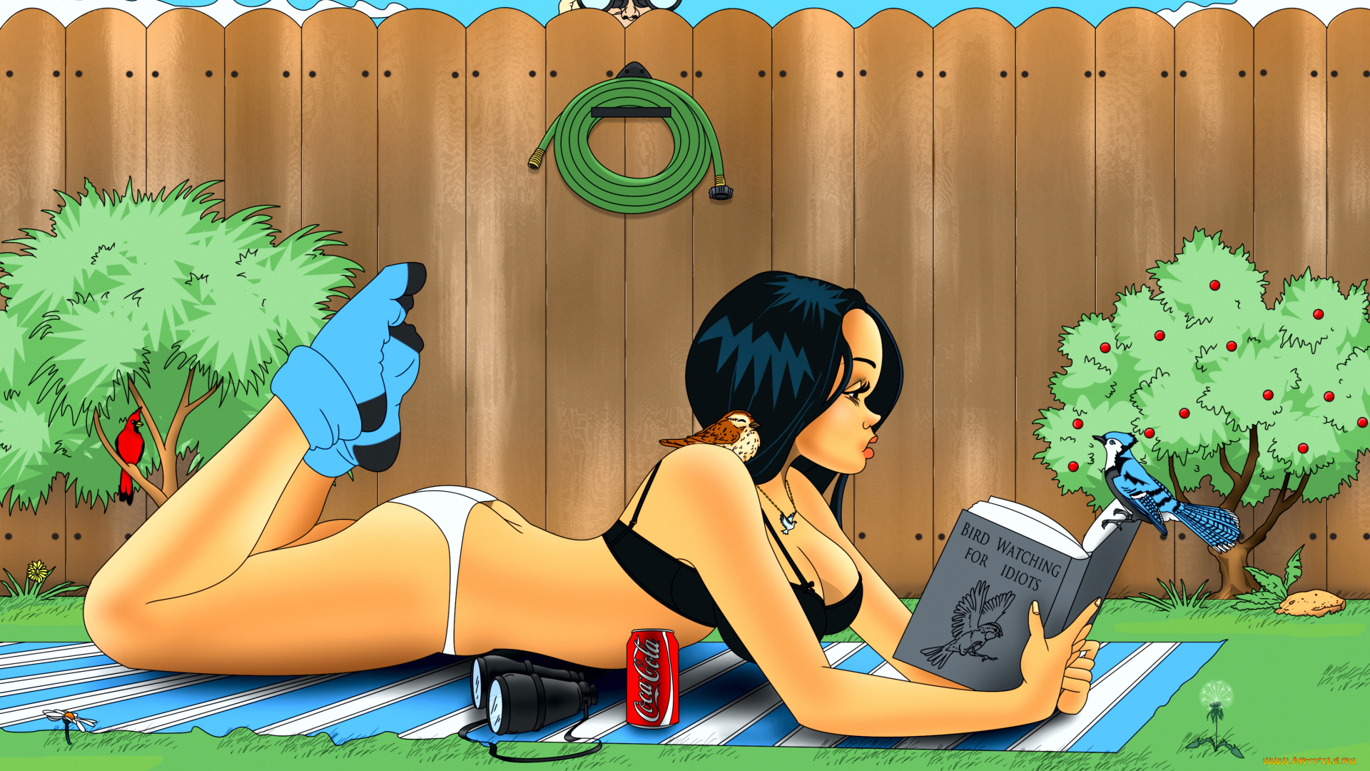 рисованное, комиксы, девушка, фон, книга, птица, мужчина, забор, покрывало