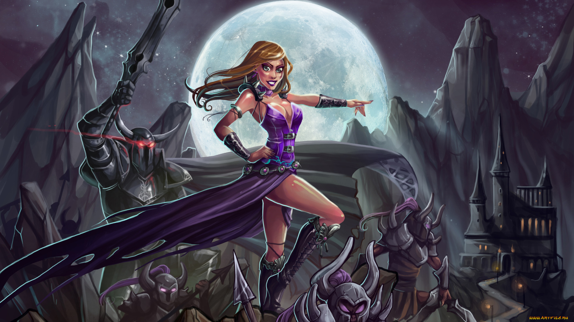 рисованное, комиксы, девушка, рыцари, фон, атака, взгляд