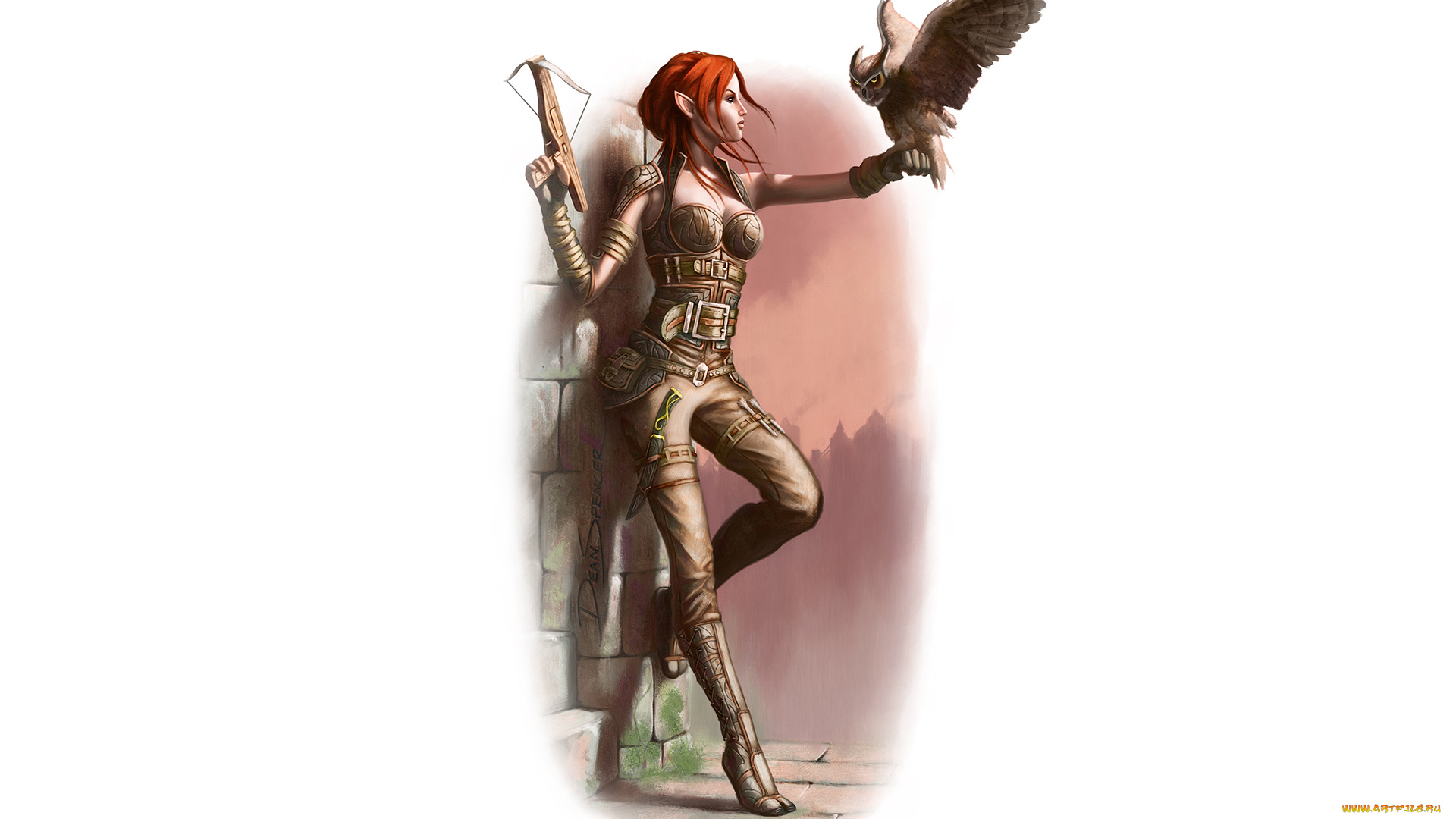 рисованное, комиксы, фон, девушка, арбалет, филин, эльф