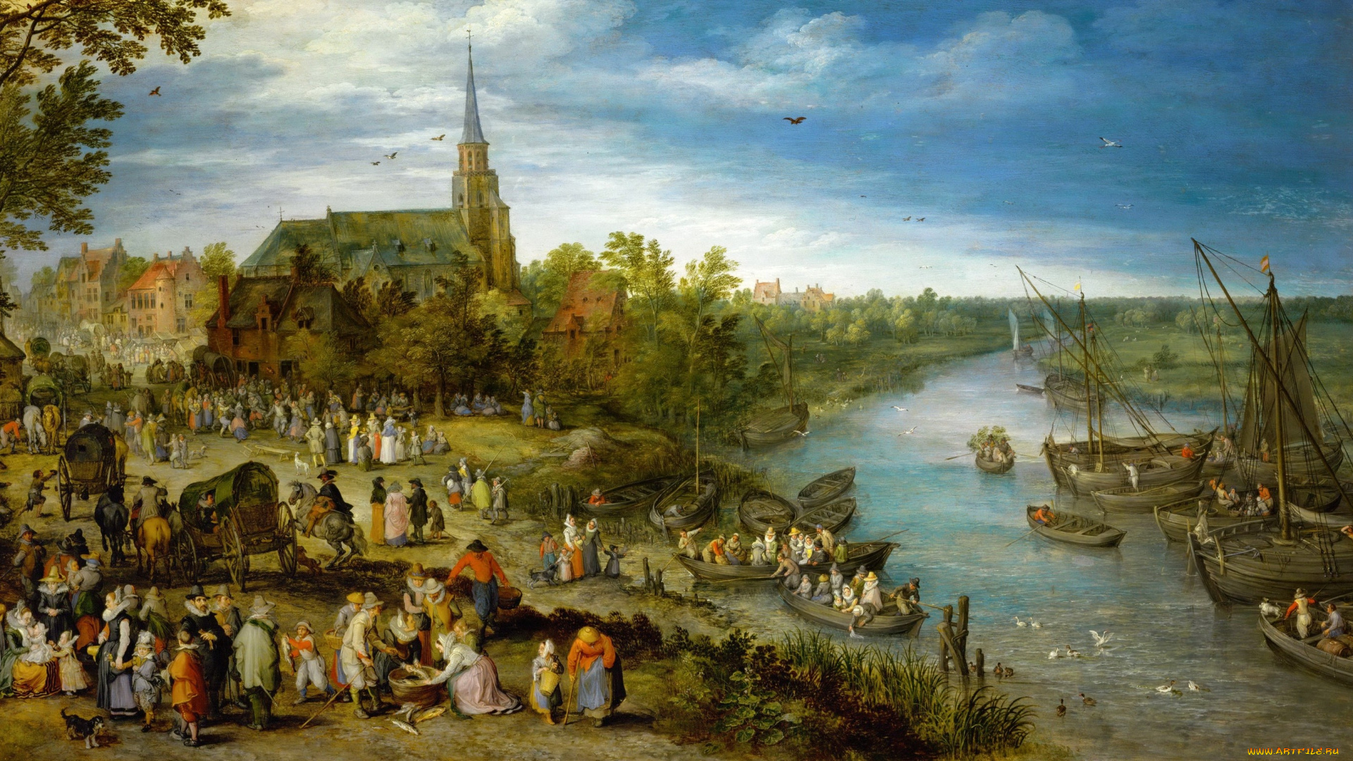 рисованное, живопись, деревенская, Ярмарка, Ян, брейгель, старший, картина, пейзаж