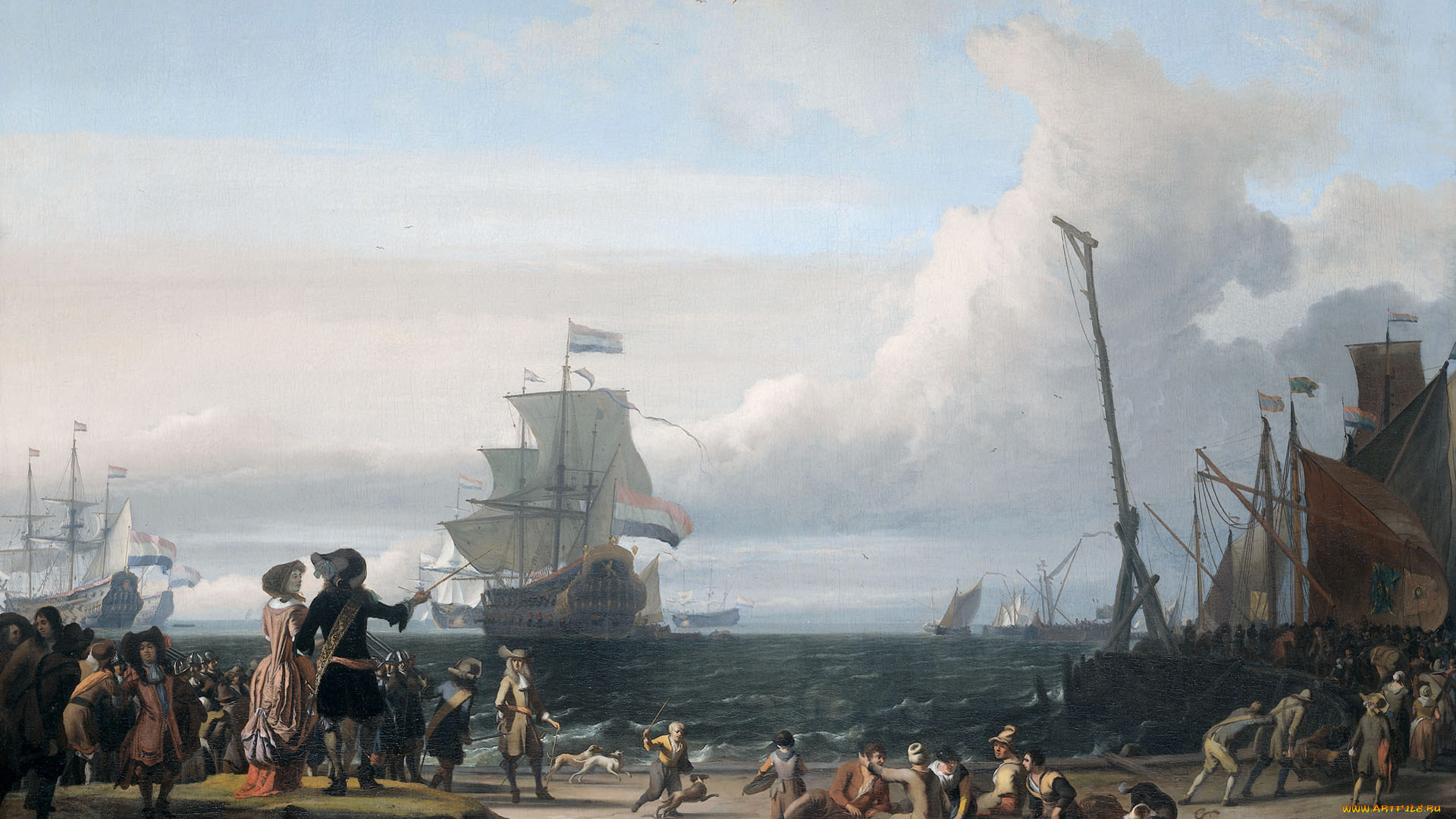 рисованное, живопись, людольф, бакхёйзен, голландские, корабли, на, рейде, у, тексела, люди, картина, пейзаж