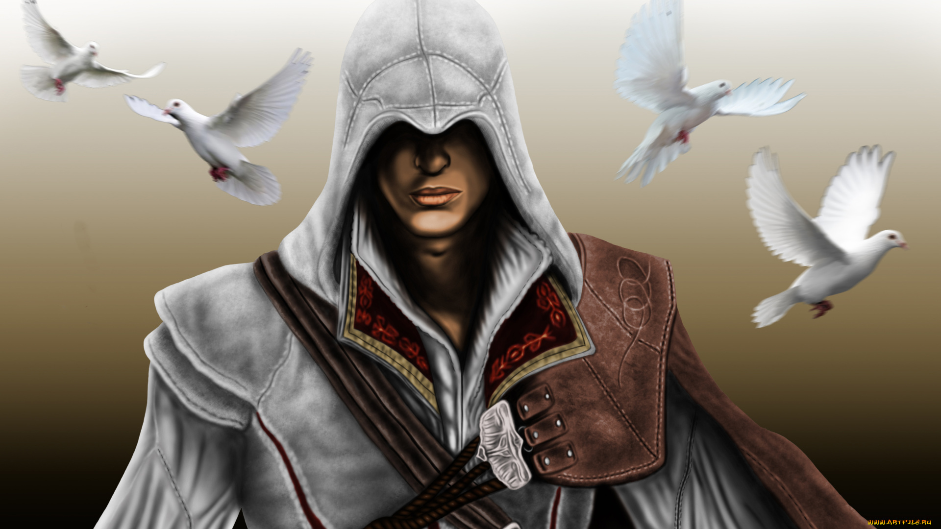 видео, игры, assassin`s, creed, мужчина, фон, голуби, капюшон
