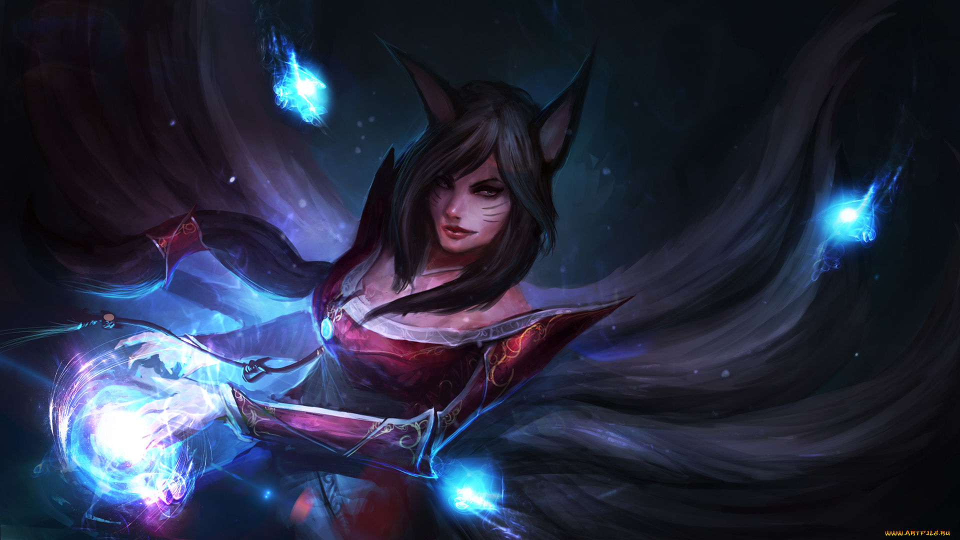 видео, игры, league, of, legends, уши, магия, взгляд, фон, девушка, ahri