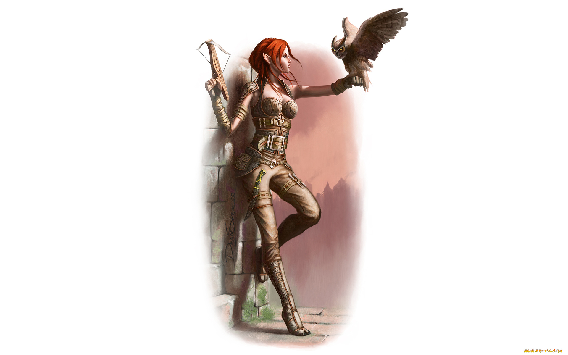 рисованное, комиксы, фон, девушка, арбалет, филин, эльф