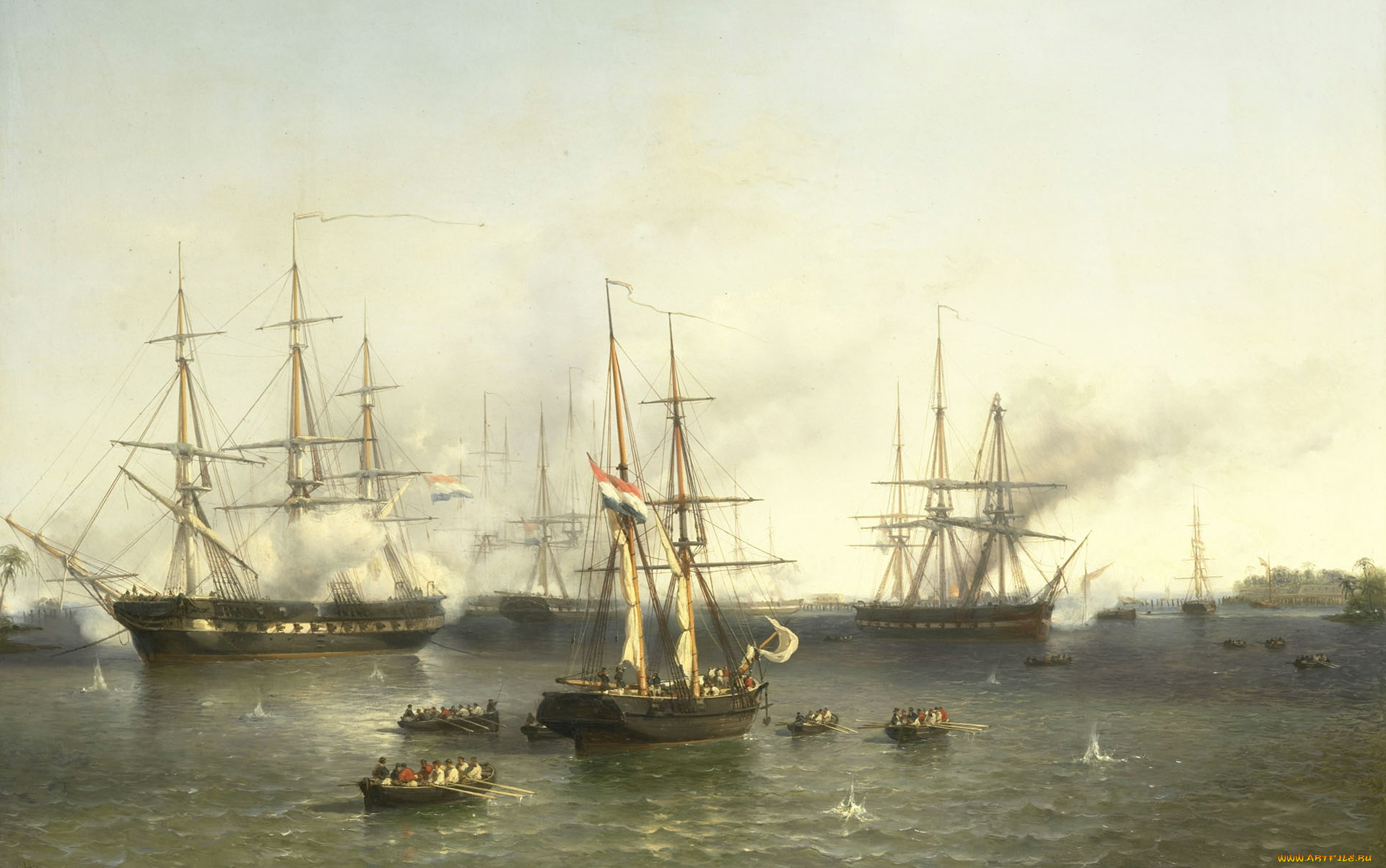 рисованное, живопись, дерево, картина, завоевание, палембанга, луис, мейер, баталия, масло, корабль