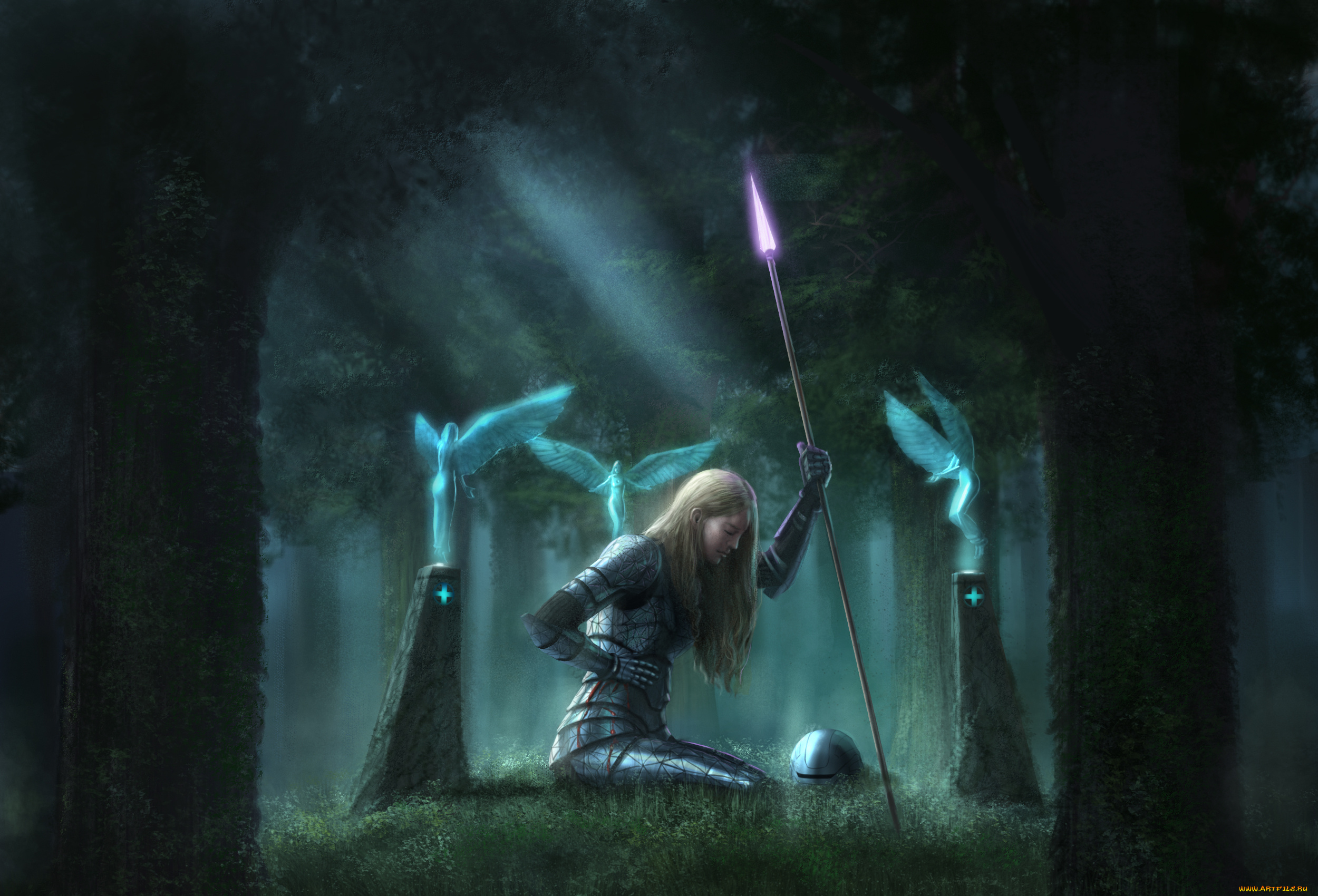 фэнтези, девушки, девушка, воин, лес, копье, доспехи, феи