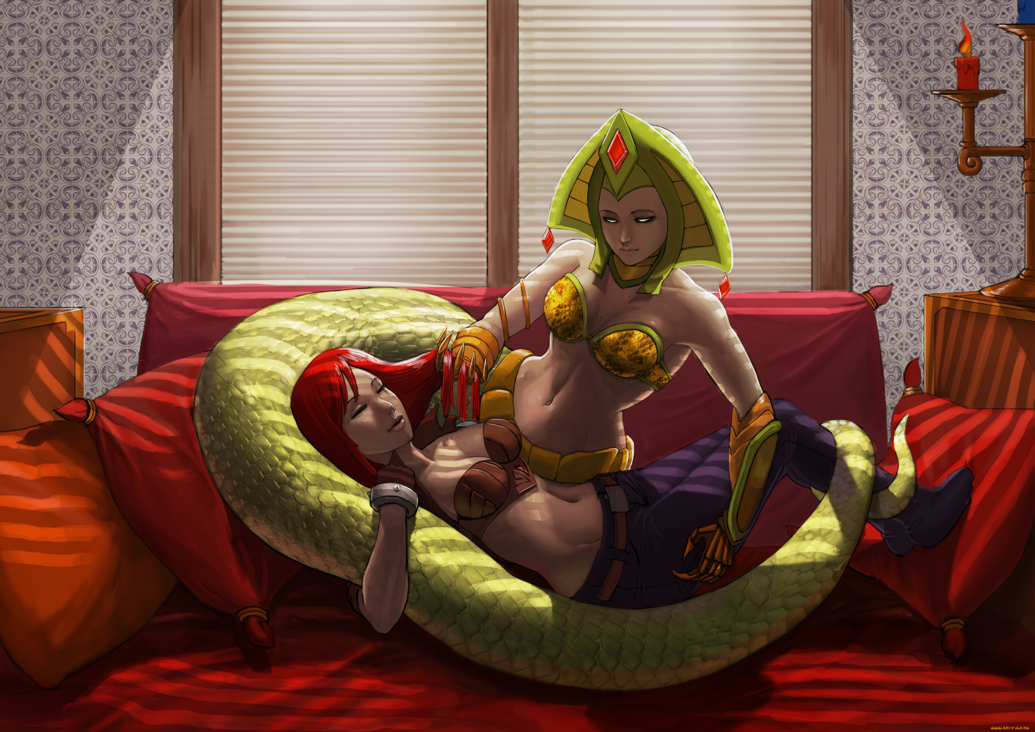 видео, игры, league, of, legends, девушки, диван, фон, существо, хвост, cassiopeia, katarina