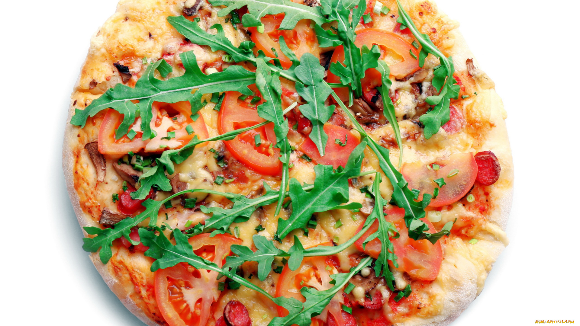 еда, пицца, помидоры, рукола