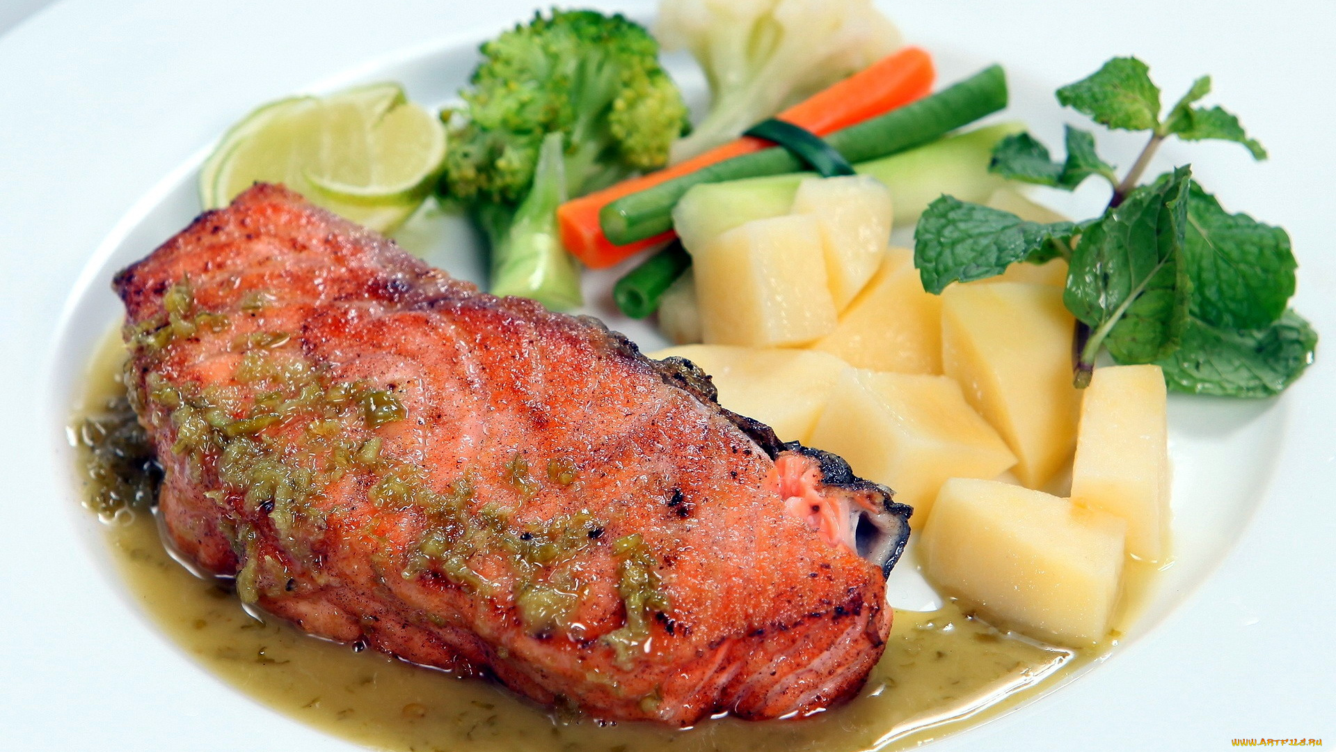 еда, рыбные, блюда, , с, морепродуктами, картофель, рыба, брокколи