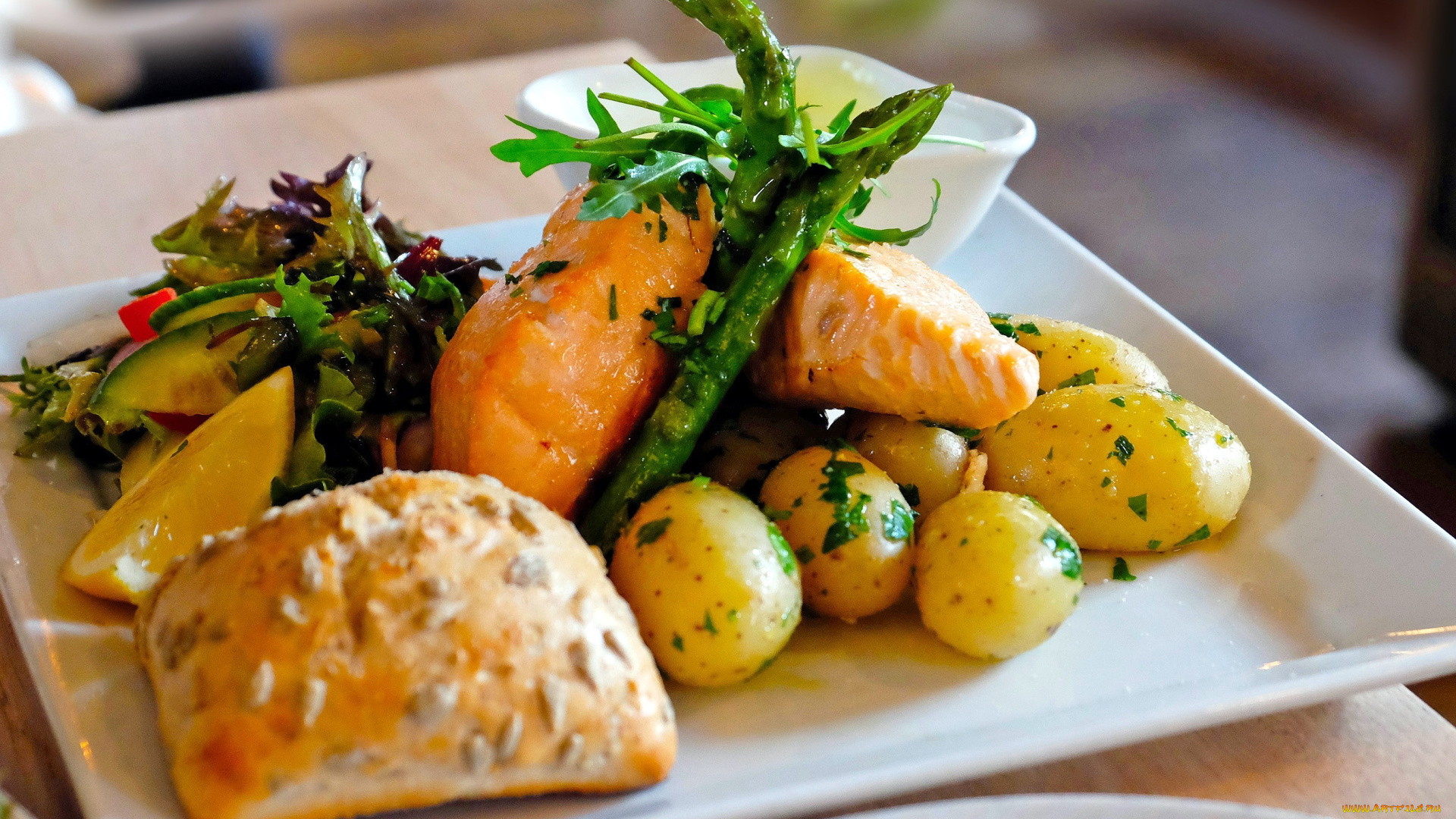 еда, рыбные, блюда, , с, морепродуктами, картофель, рыба, спаржа