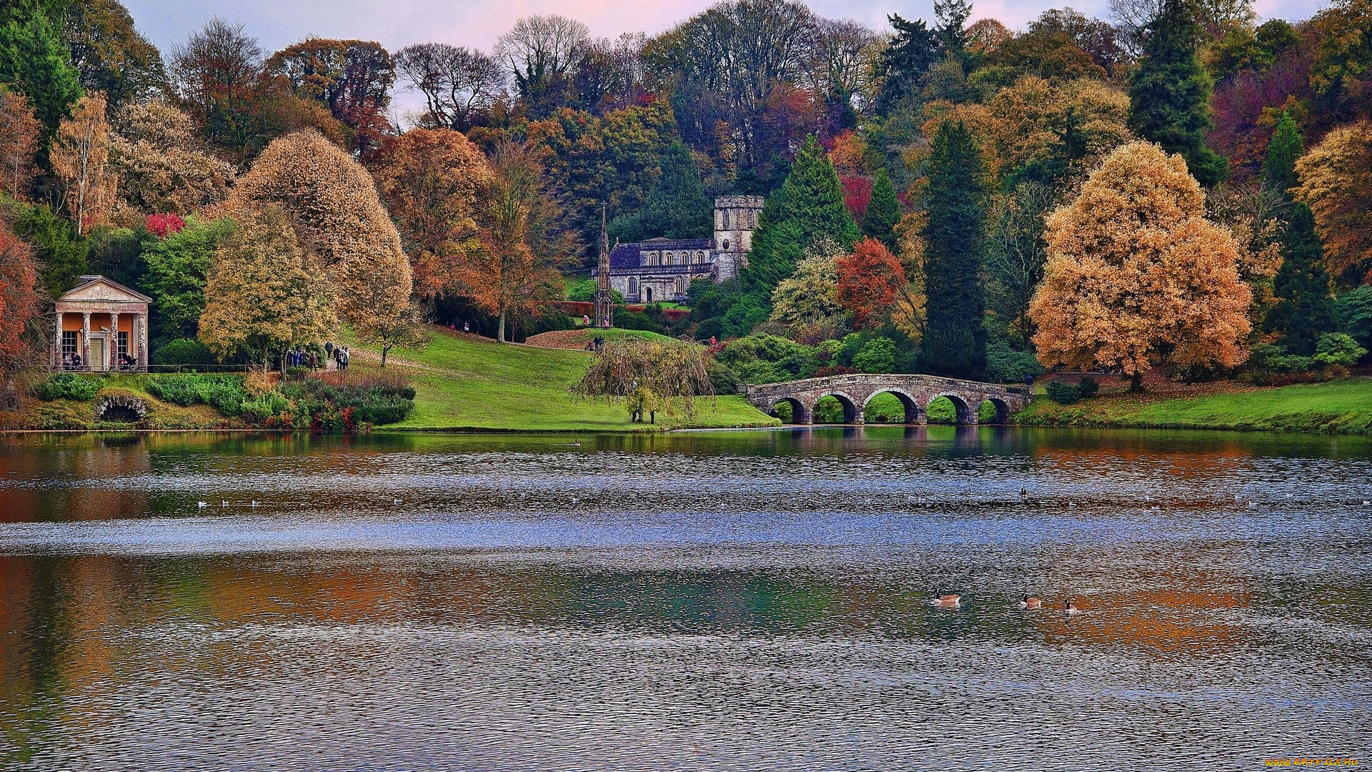 природа, парк, пруд, мостик, осень