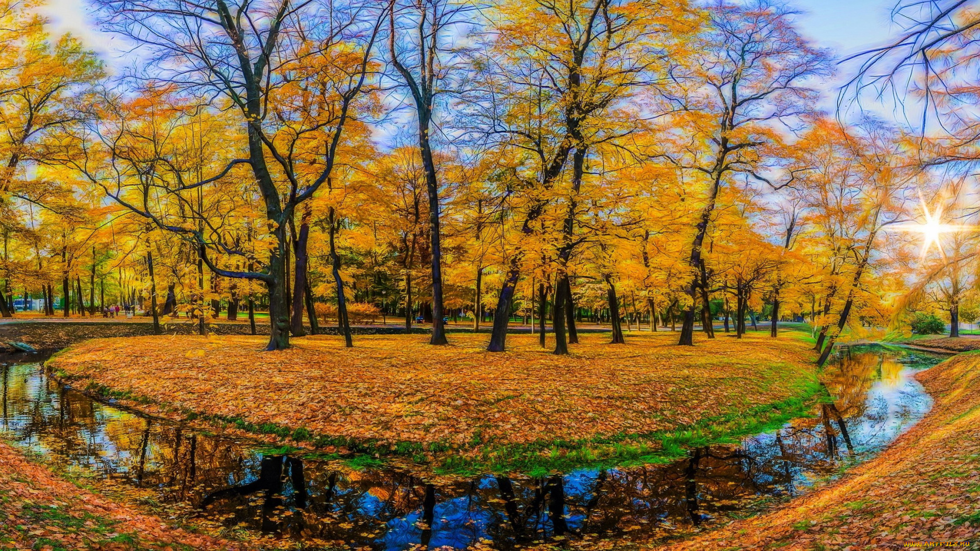 природа, парк, водоем, осень, листопад
