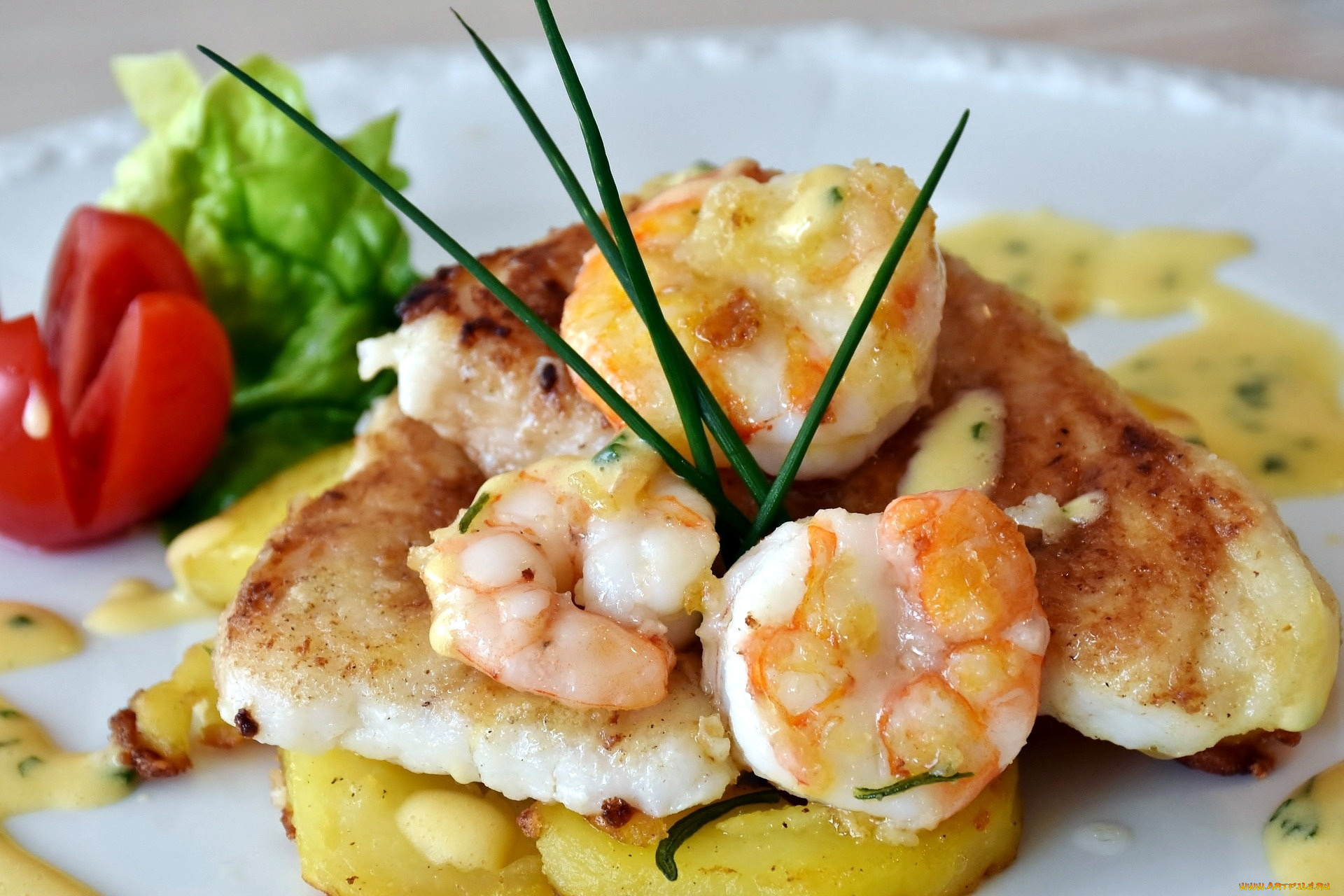 еда, рыбные, блюда, , с, морепродуктами, картофель, рыба, креветки, помидоры, томаты