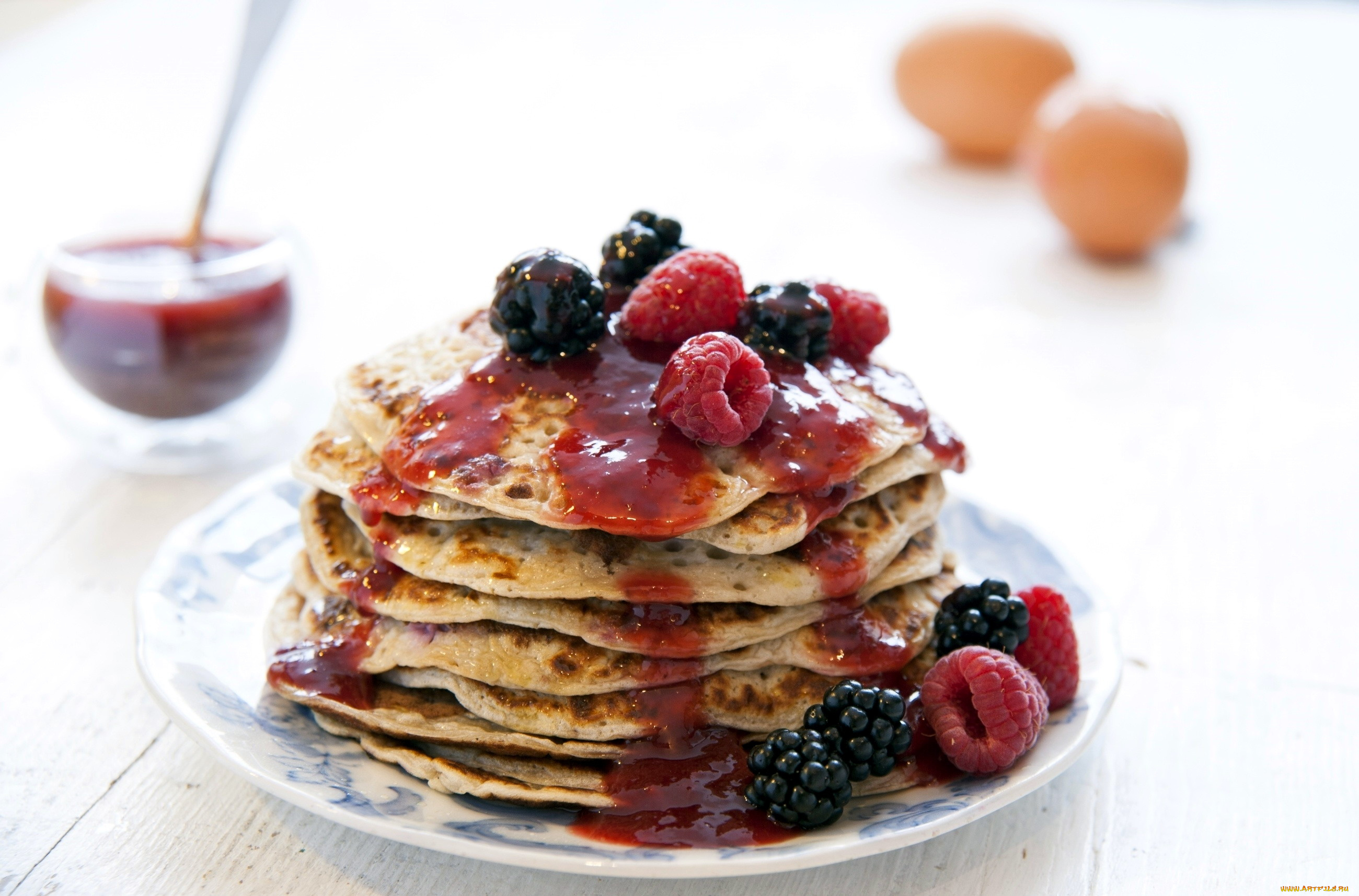 еда, блины, , оладьи, ежевика, оладьи, малина, десерт