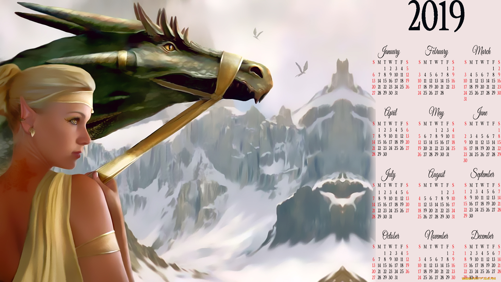 календари, фэнтези, девушка, профиль, дракон, снег, скала, гора