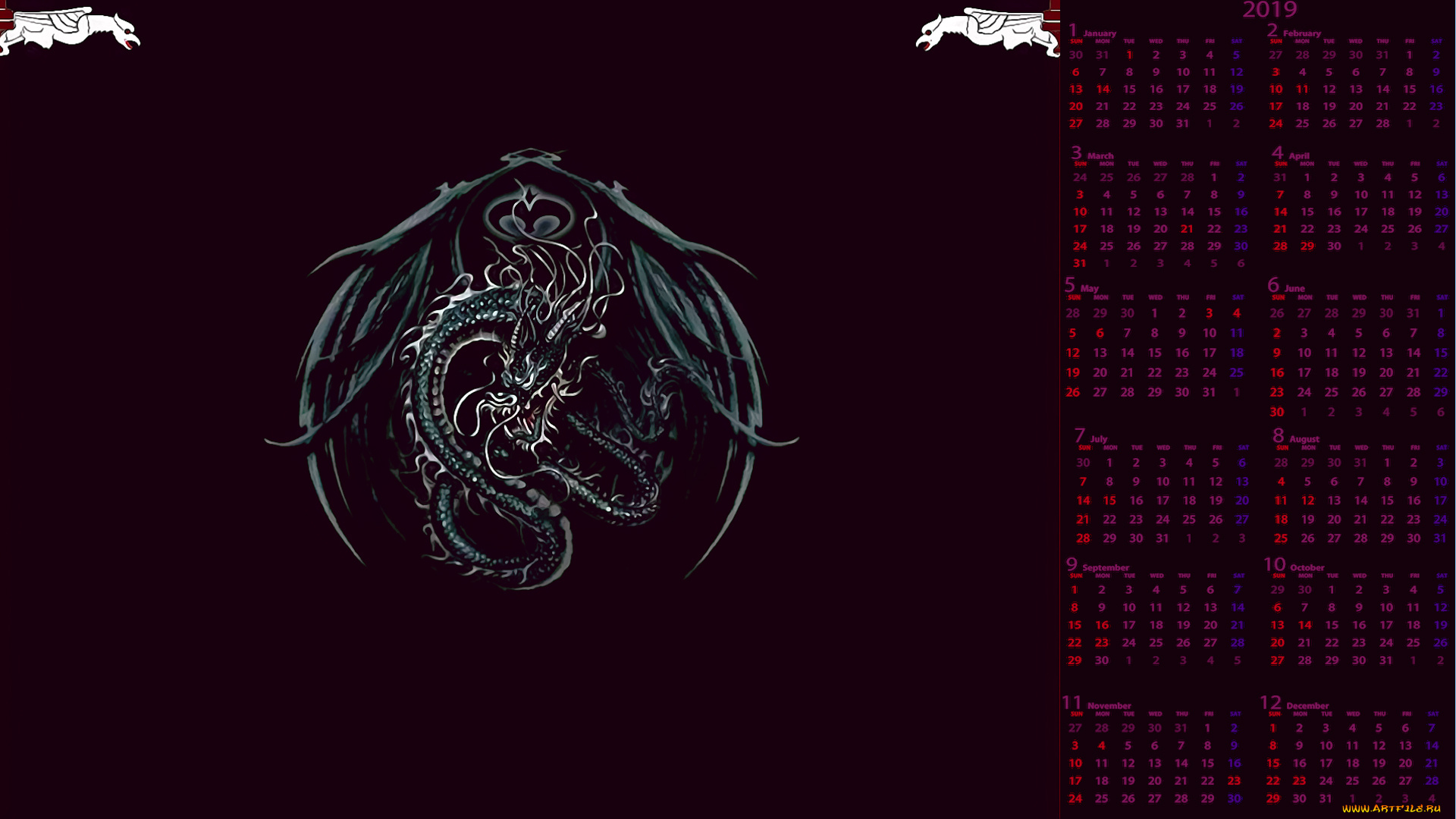 календари, фэнтези, фон, черный, дракон