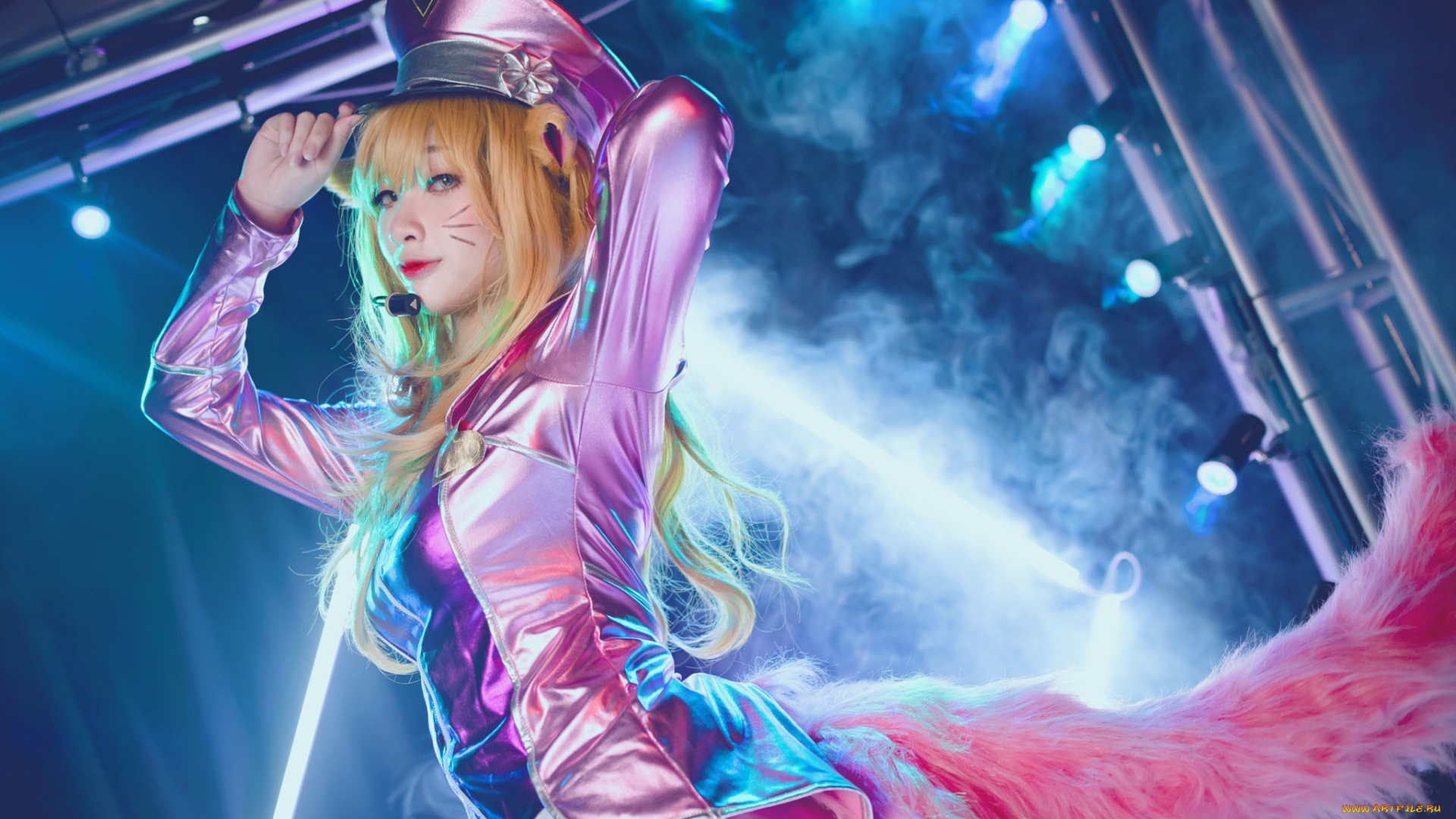 девушки, -, креатив, , косплей, league, of, legends, ари, костюм, фуражка, хвосты, микрофон