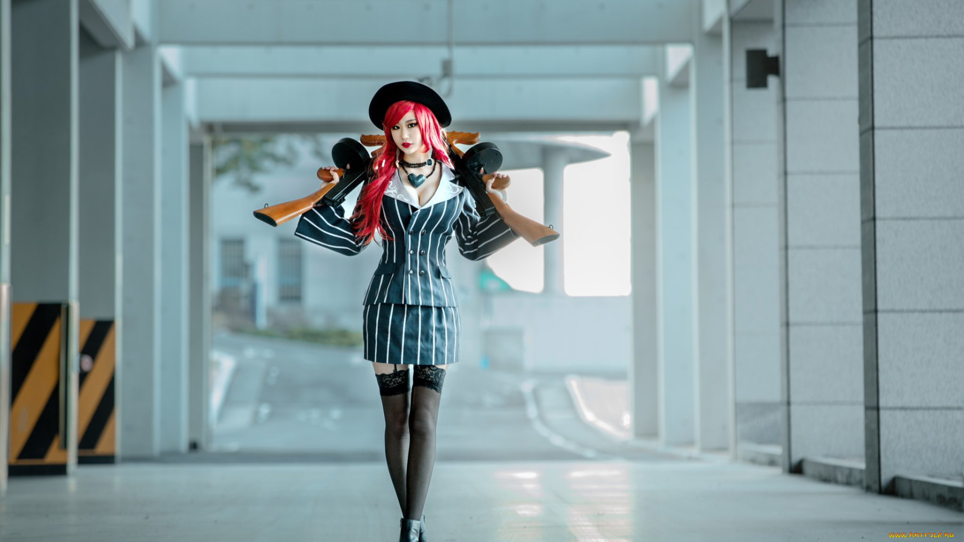 девушки, -, креатив, , косплей, league, of, legends, мисс, фортуна, мафия, костюм, автоматы