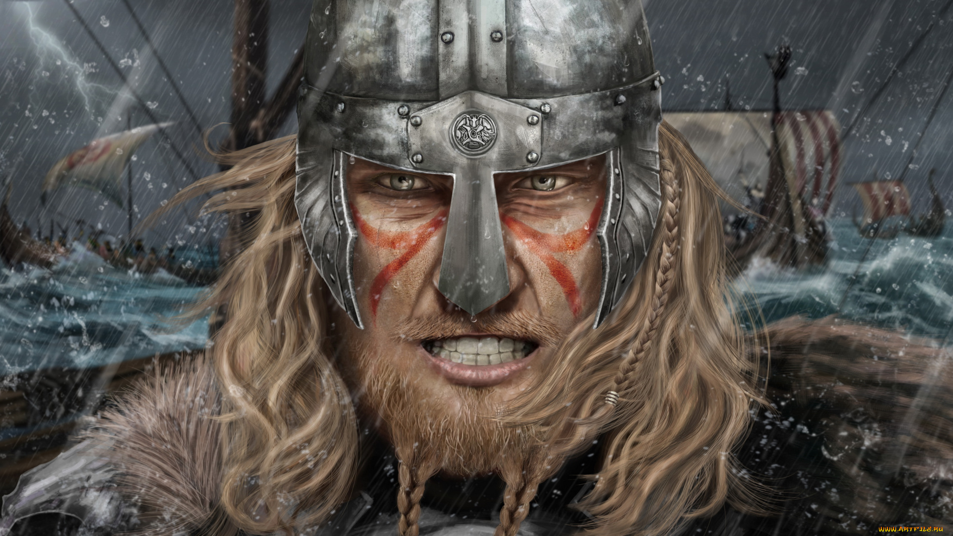 фэнтези, люди, мужчина, фон, взгляд, шлем, косичка