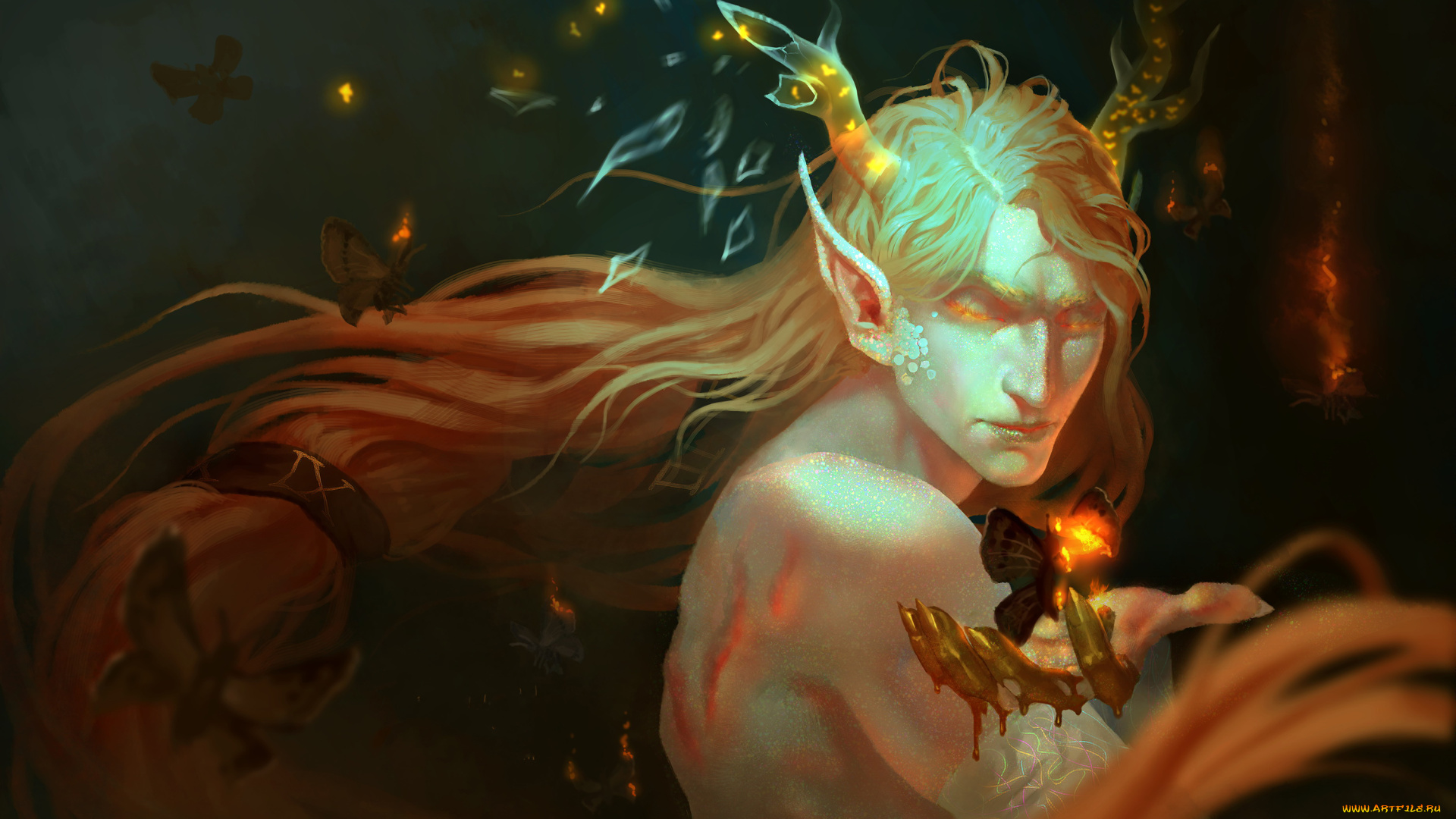 фэнтези, существа, мужчина, фон, рога, бабочка