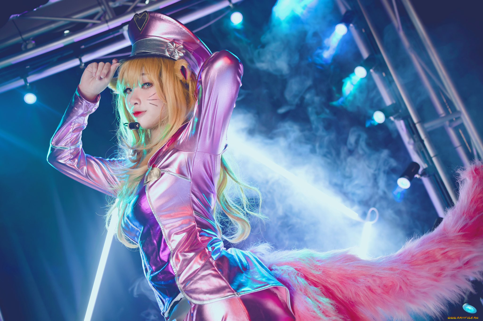 девушки, -, креатив, , косплей, league, of, legends, ари, костюм, фуражка, хвосты, микрофон