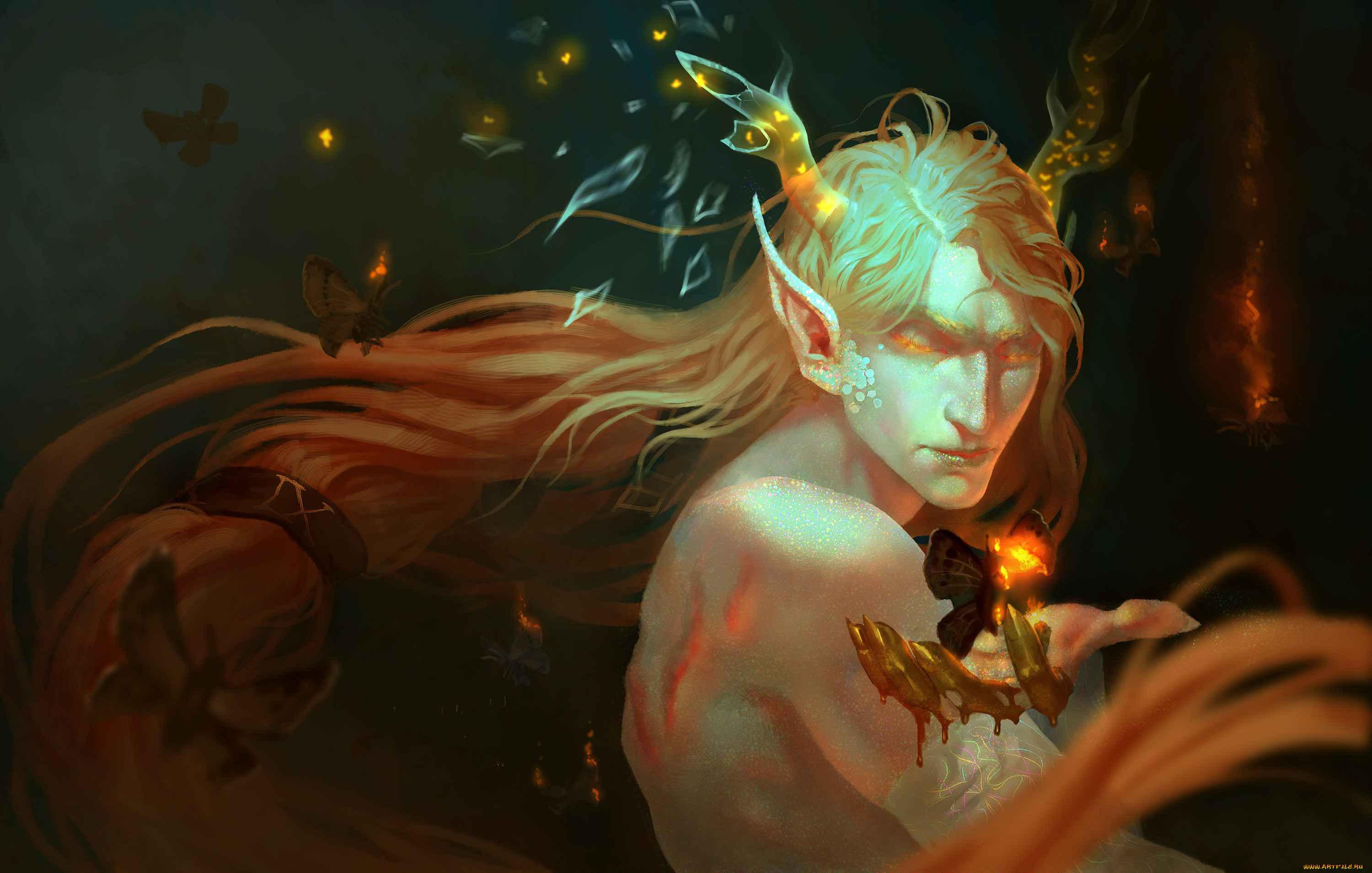 фэнтези, существа, мужчина, фон, рога, бабочка