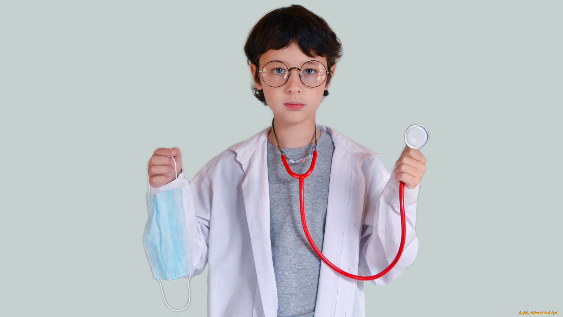 разное, медицина, мальчик, халат, маска, очки, стетоскоп