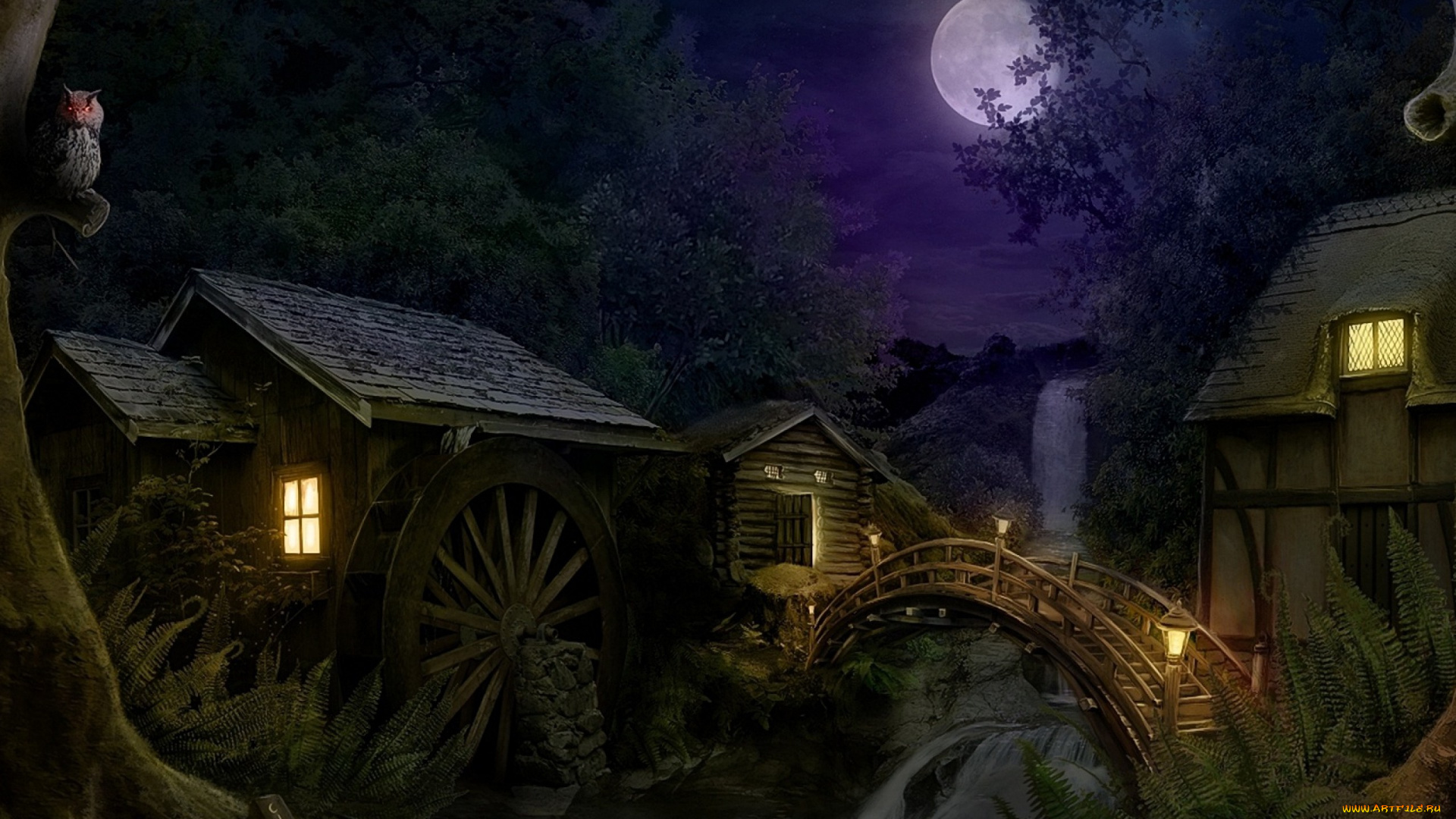 рисованное, города, ночь, луна, мост, дома, огни, деревья