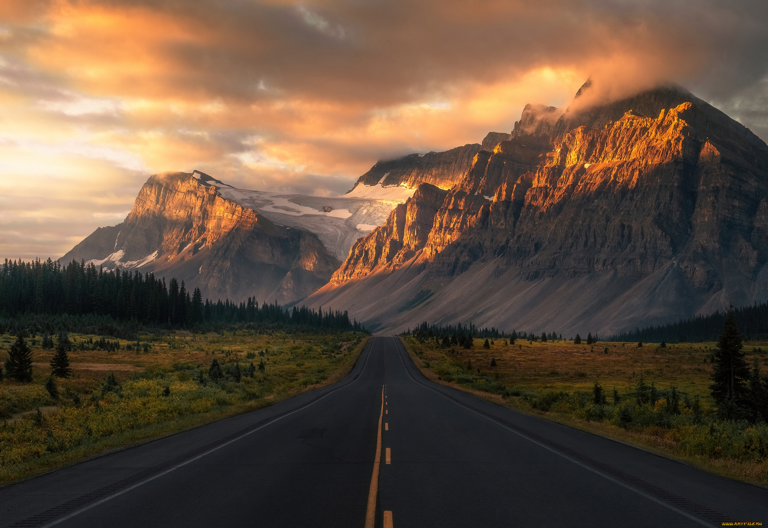 природа, дороги, grass, road, sky, trees, landscape, nature, mountains, clouds, snow, hills, highway