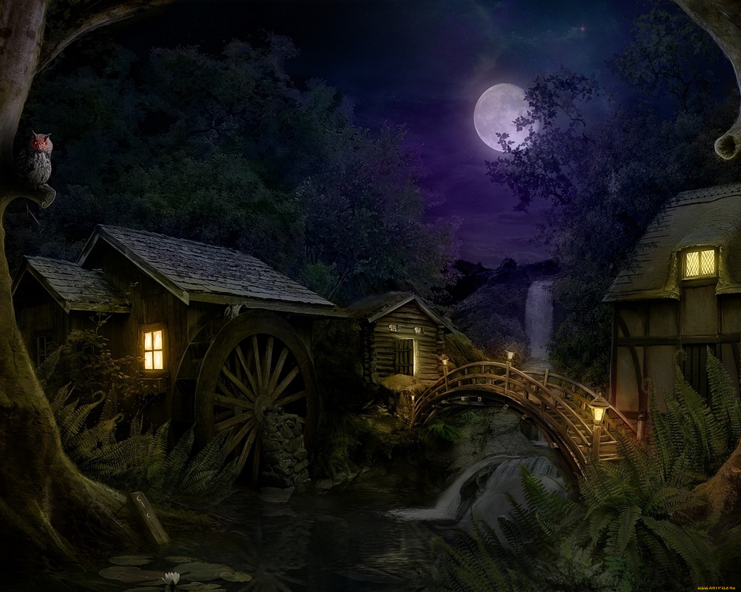 рисованное, города, ночь, луна, мост, дома, огни, деревья