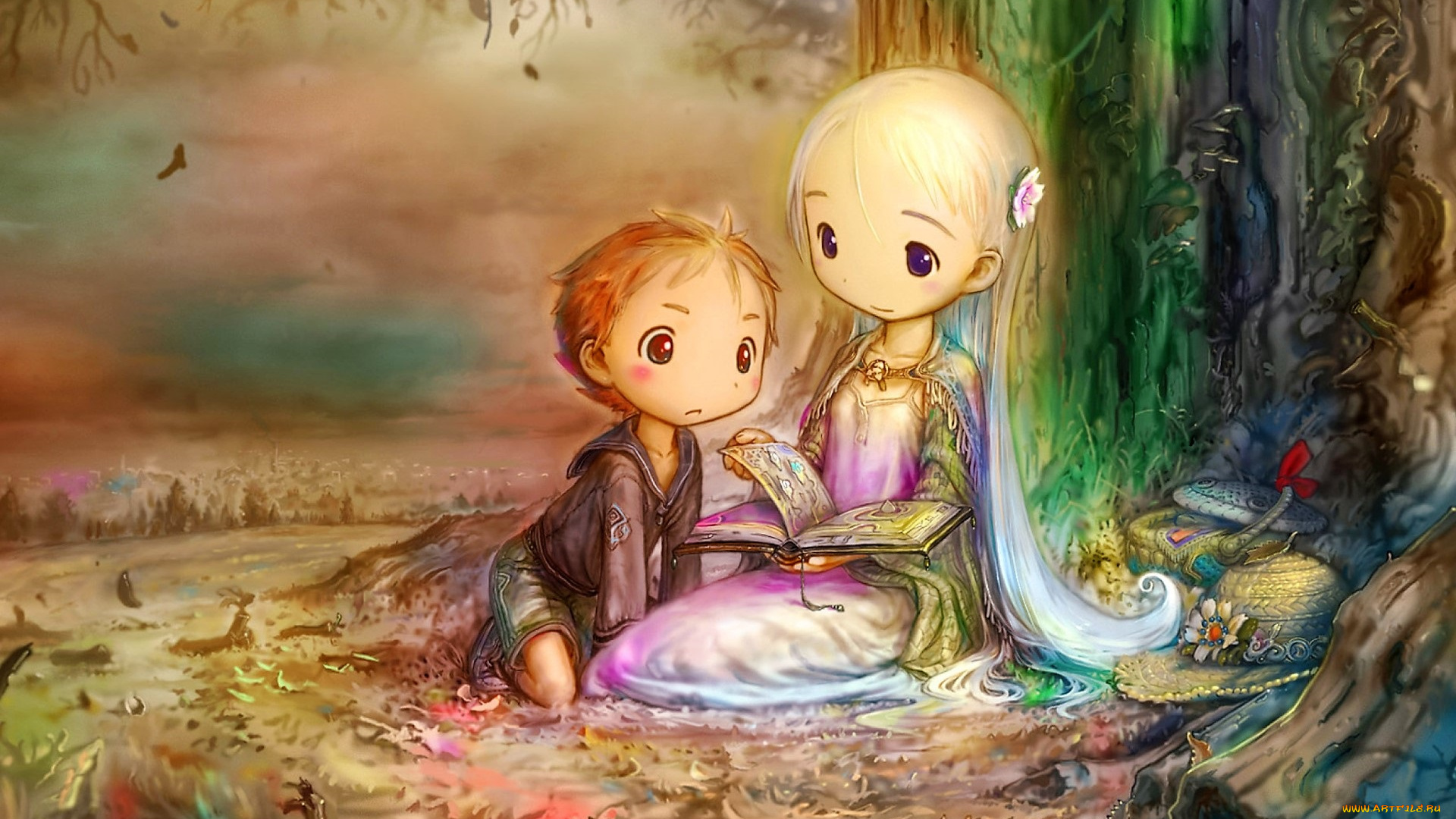 аниме, unknown, , другое, , девочка, мальчик, книга, дерево