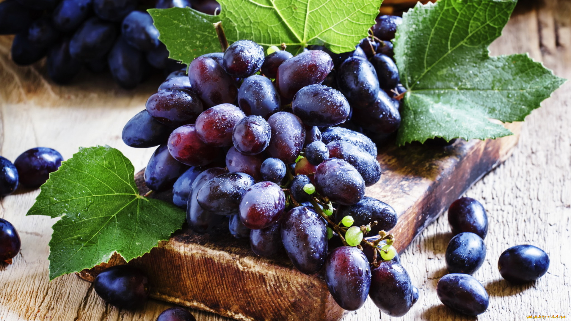 еда, виноград, ягоды, спелый, грозди, листья, капли