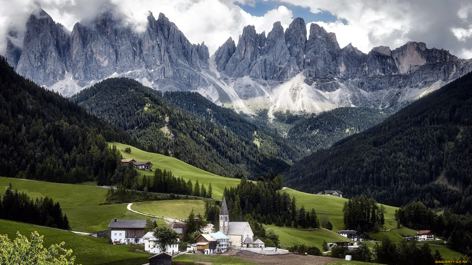 города, валь-де-фюнес, , санта-маддалена, , италия, горы, долина, деревня, дома
