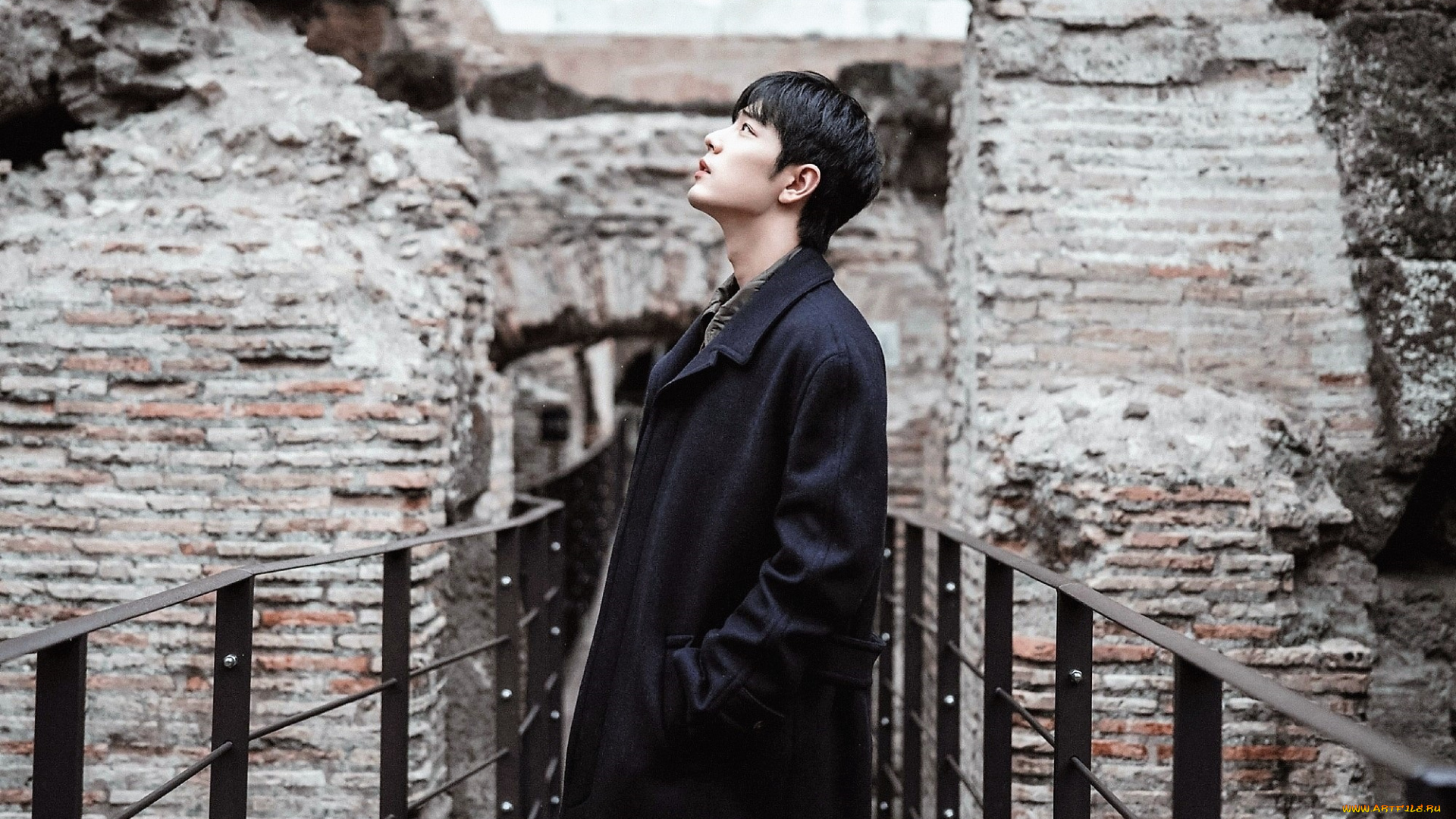 мужчины, xiao, zhan, актер, пальто, развалины
