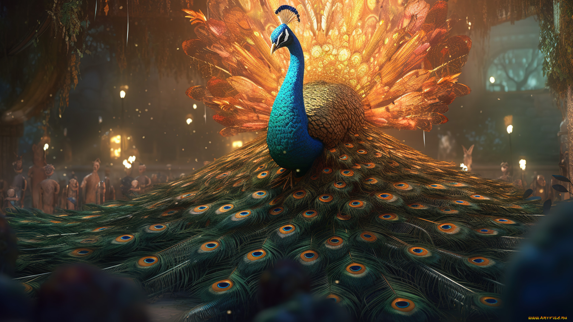 рисованное, животные, павлин