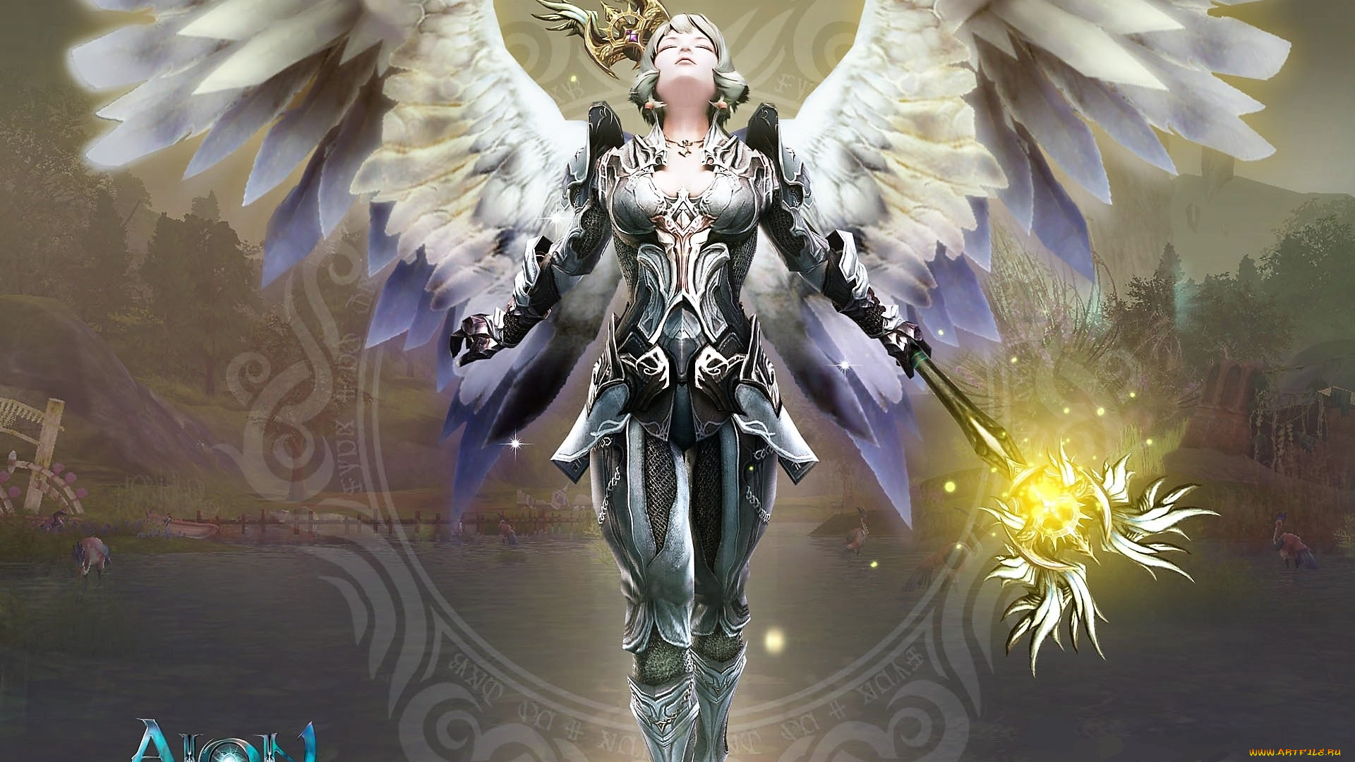 видео, игры, aion, , the, tower, of, eternity, девушка, ангел, посох